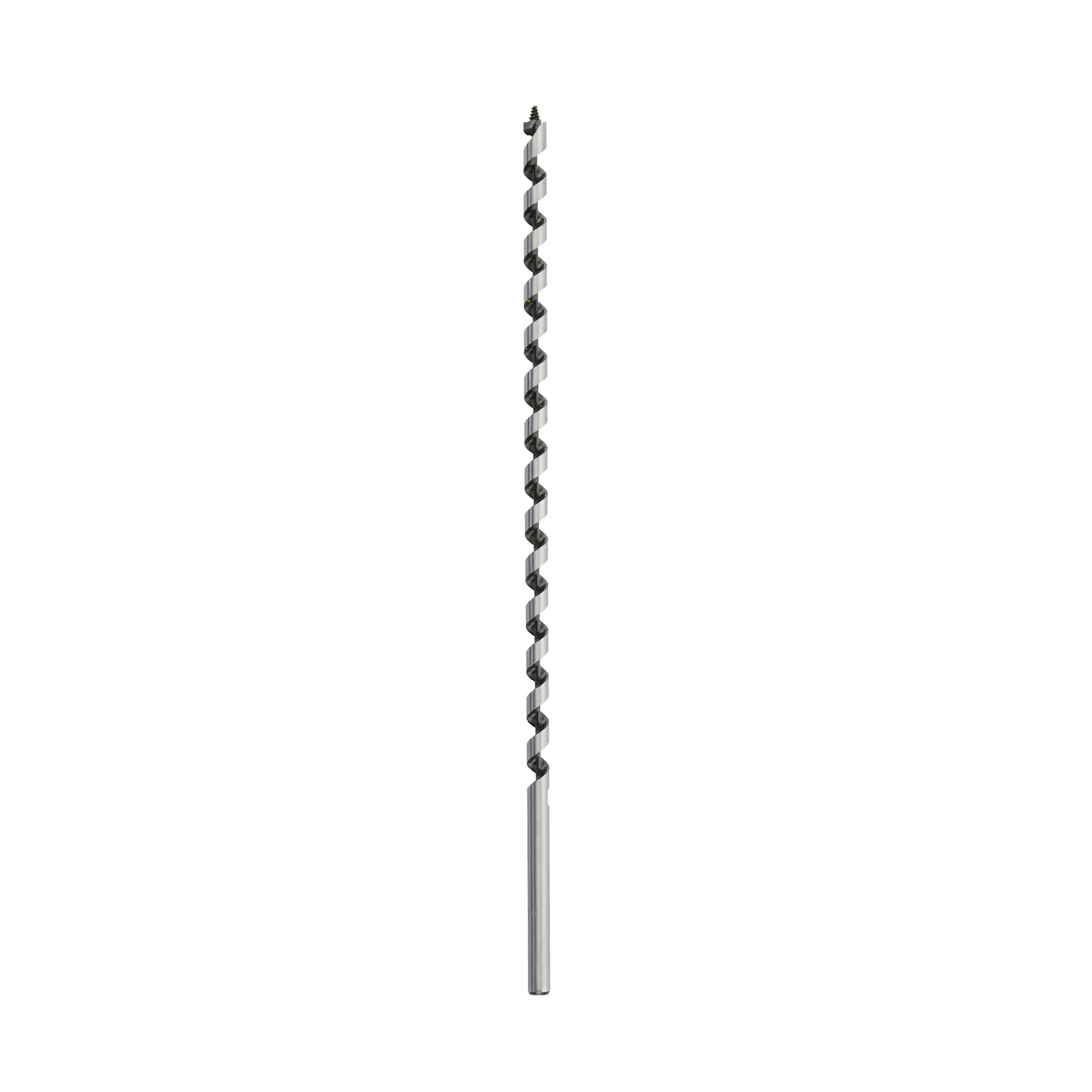 Single long spiral drill bit with hexagonal shaft, shown vertically on a white background.