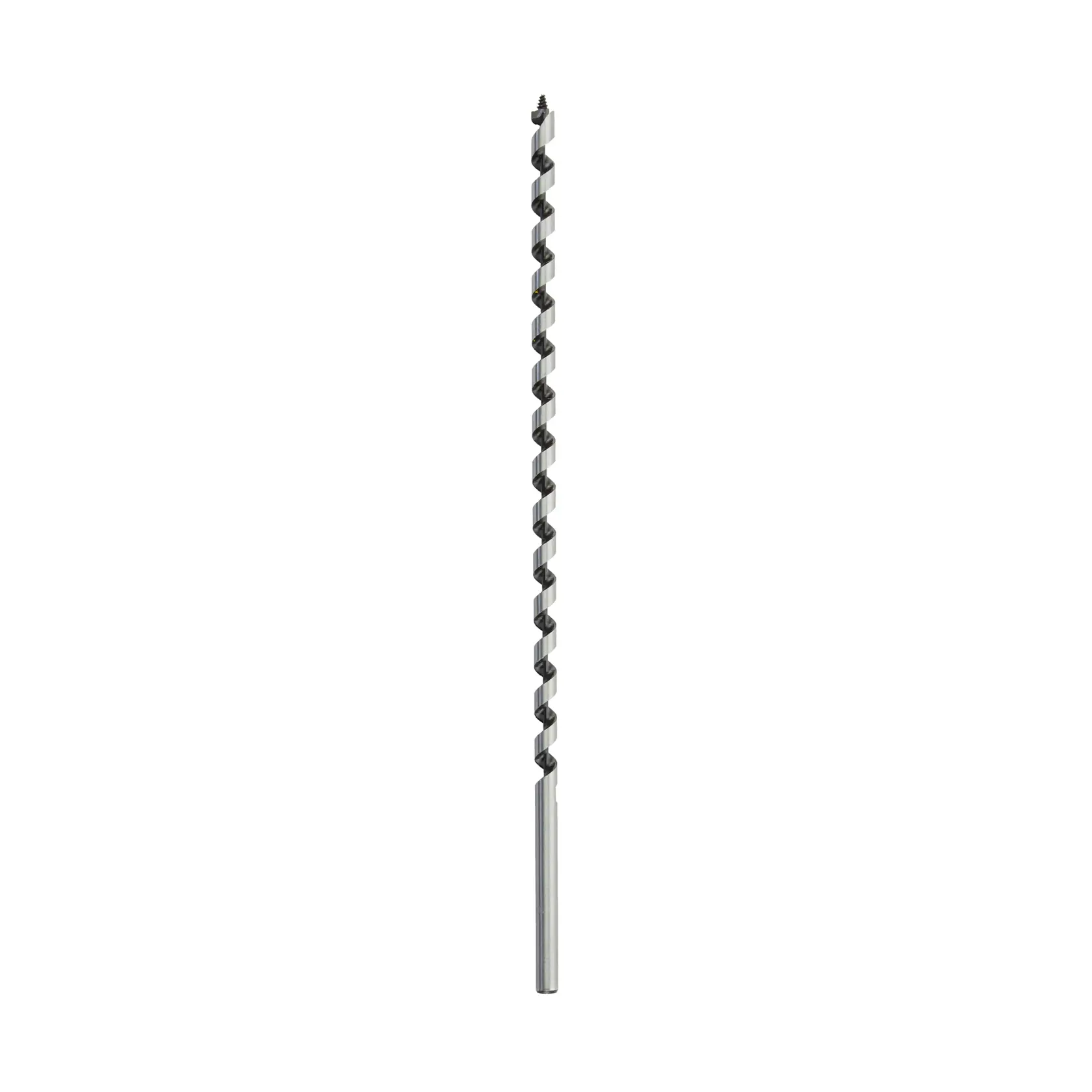 A long, spiral drill bit designed for woodworking, shown vertically on a white background.