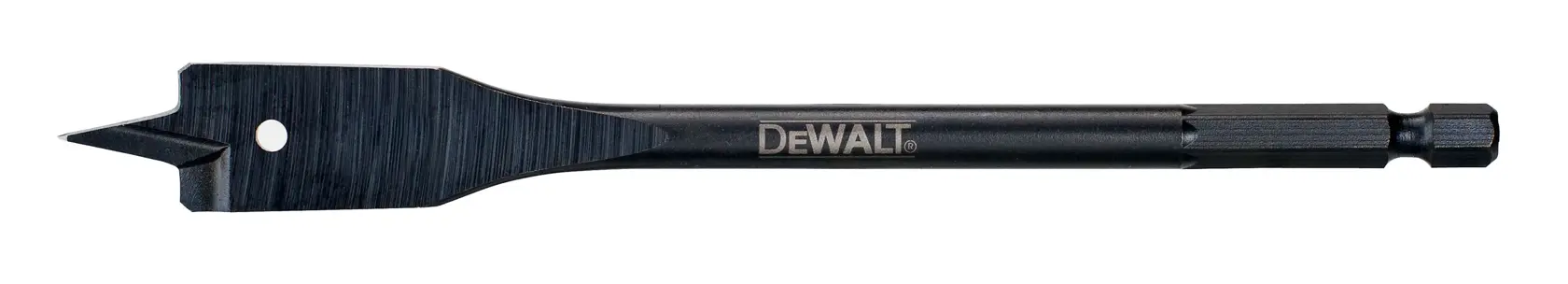 DEWALT flat wood drill bit with hex shank, used for drilling holes in wood.