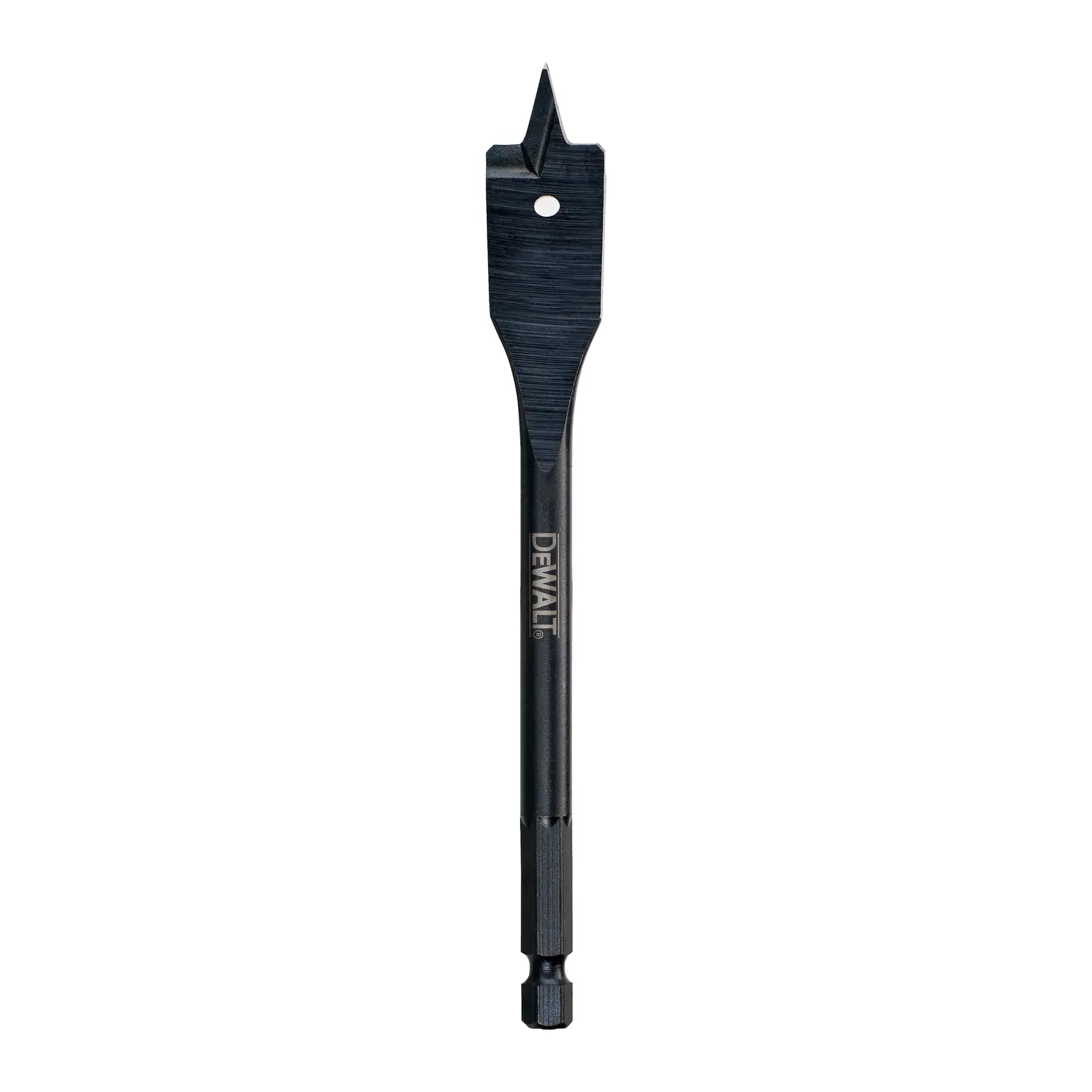 A DEWALT flat wood drill bit with a hexagonal shank, designed for boring holes in wood. The bit is black and has a pointed tip with sharp edges for efficient cutting.