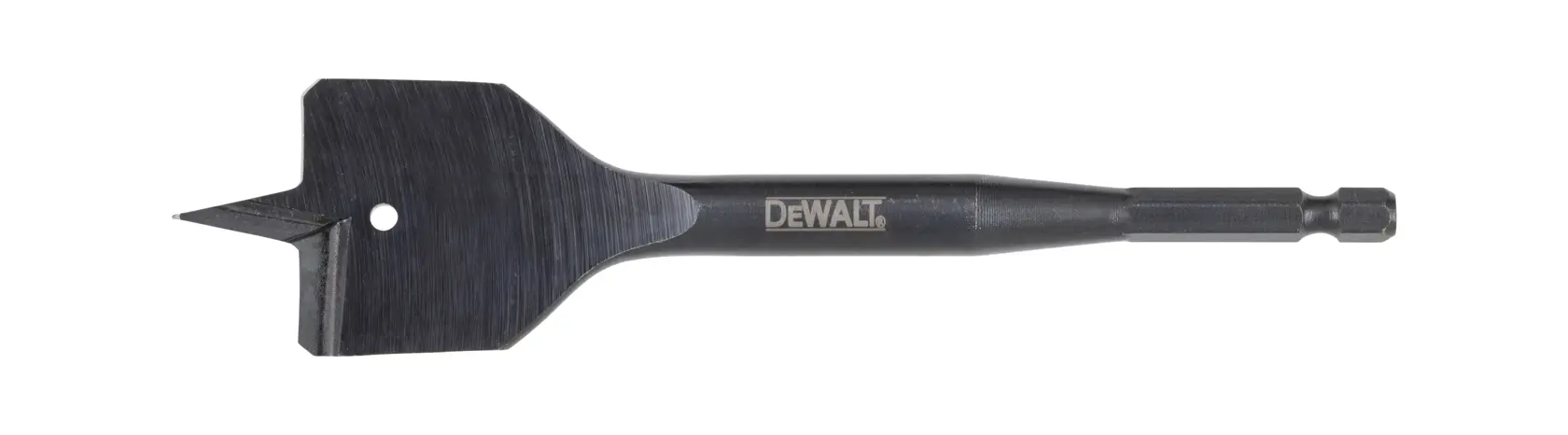 A DEWALT branded flat wood spade drill bit, designed for drilling large diameter holes in wood. The bit has a wide, flat blade with a pointed tip and two cutting edges, as well as a hex shank.