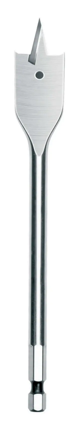 A flat wood drill bit with a hex shank, used for drilling holes in wood. Shown on a white background.