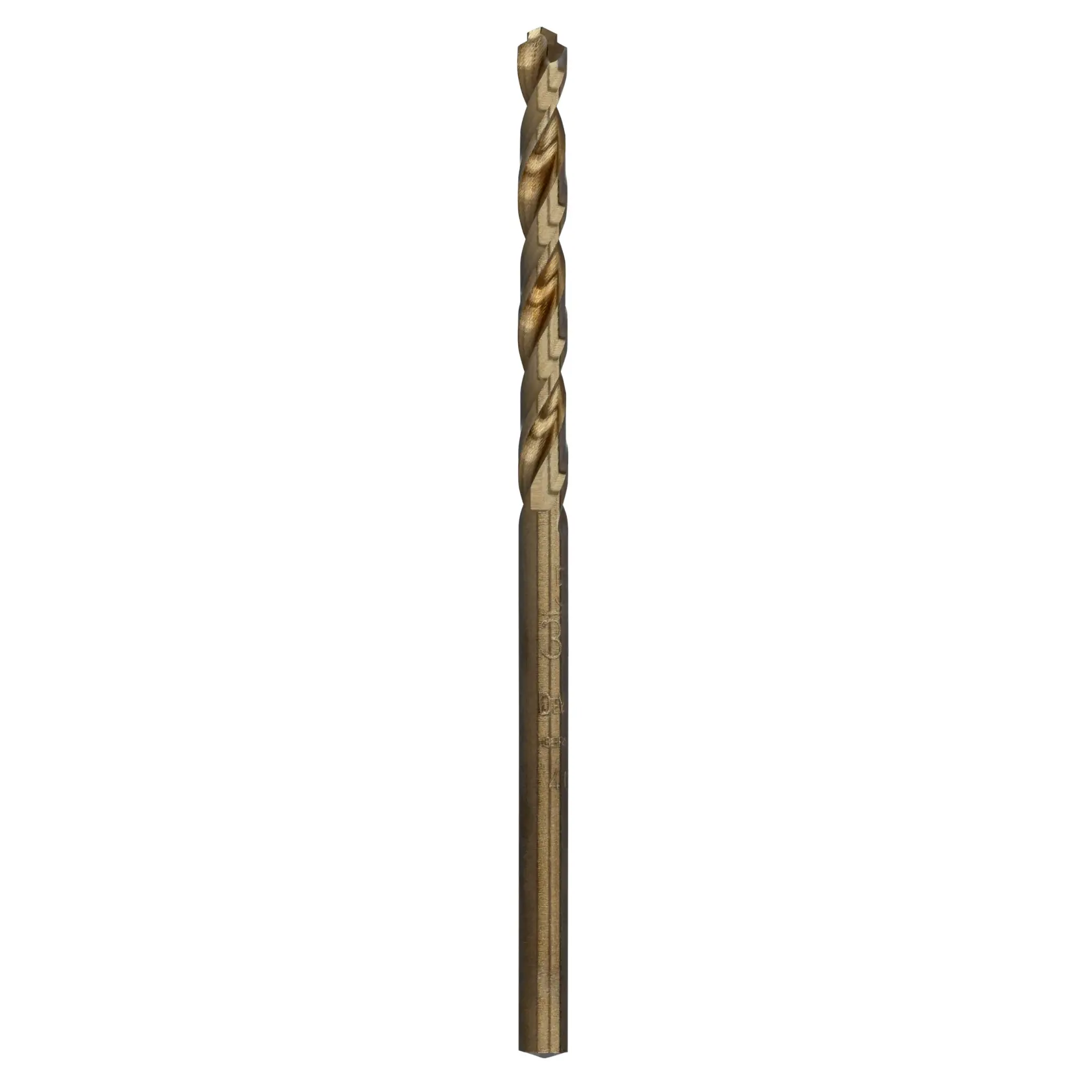 A single DEWALT DT4908 metal drill bit with a gold finish, featuring a spiral fluted design and a straight shank, shown on a white background.