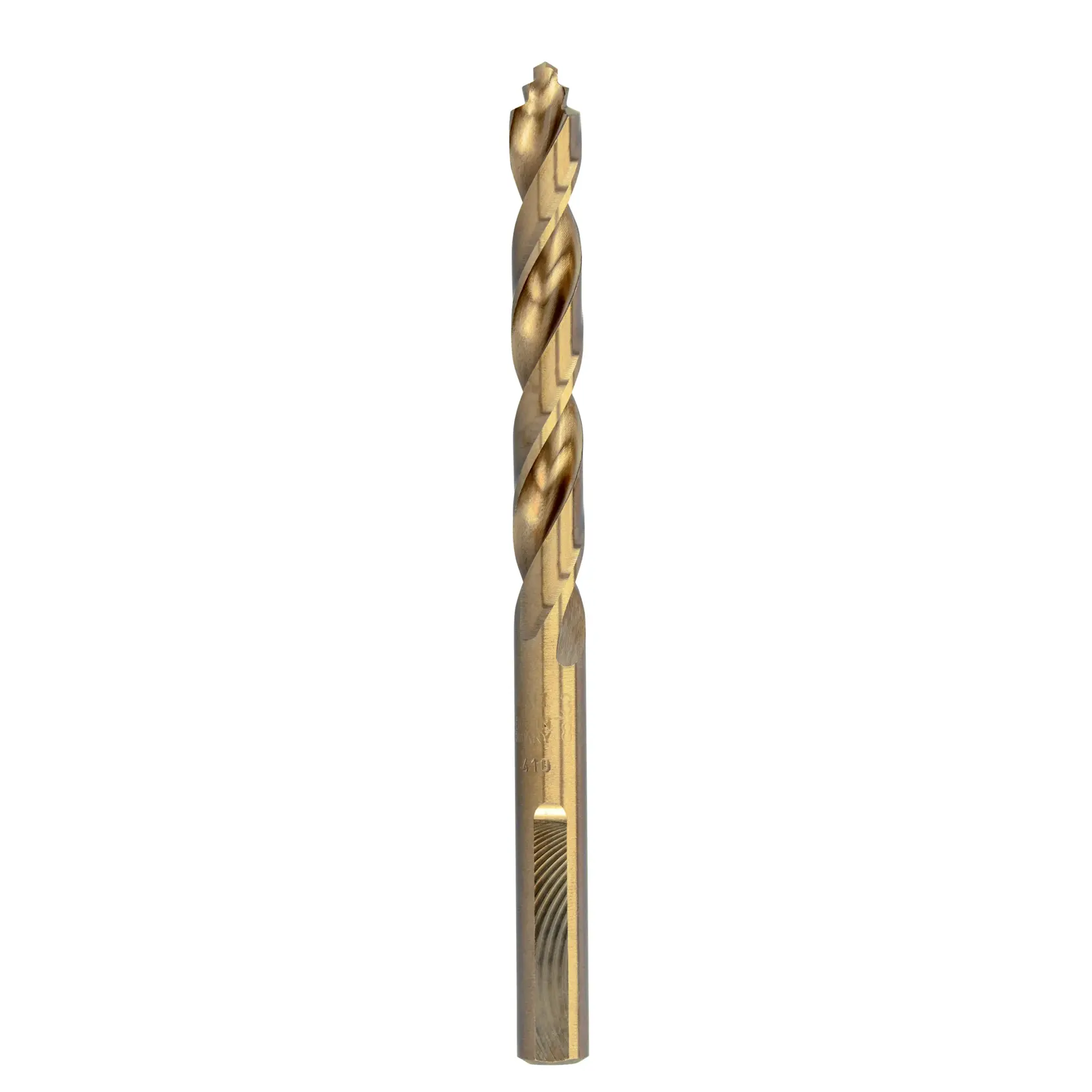 A single gold-colored DEWALT drill bit with a cylindrical shank and spiral flutes, shown against a white background.