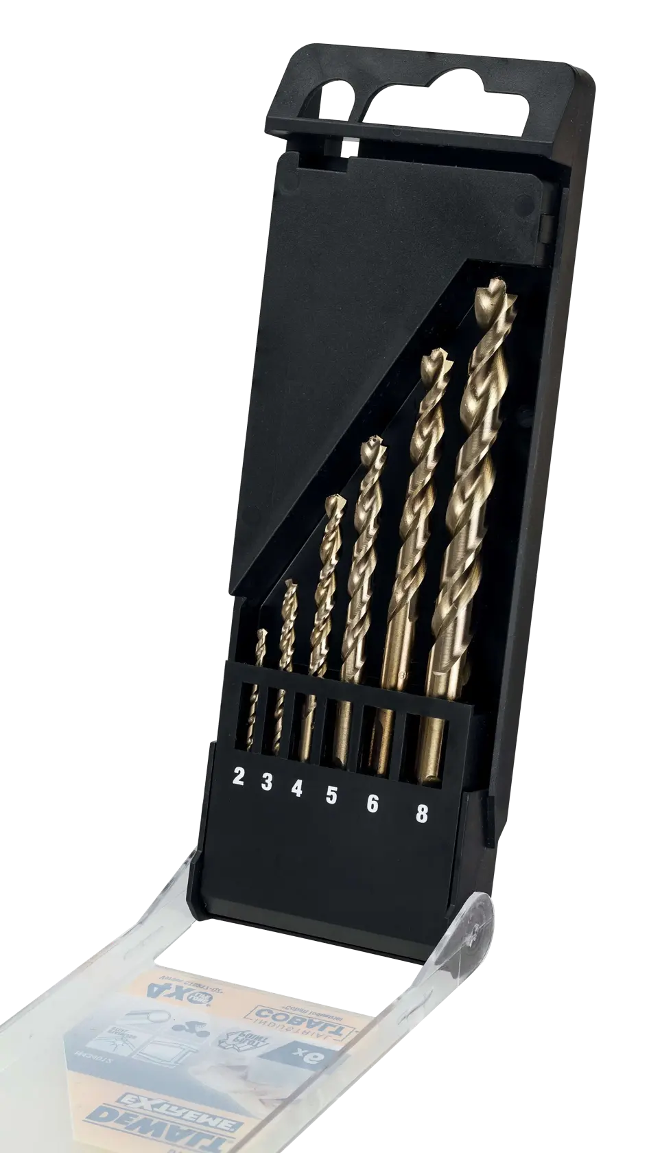 A set of six DEWALT metal drill bits in a black plastic case, with sizes labelled 2, 3, 4, 5, 6, and 8.
