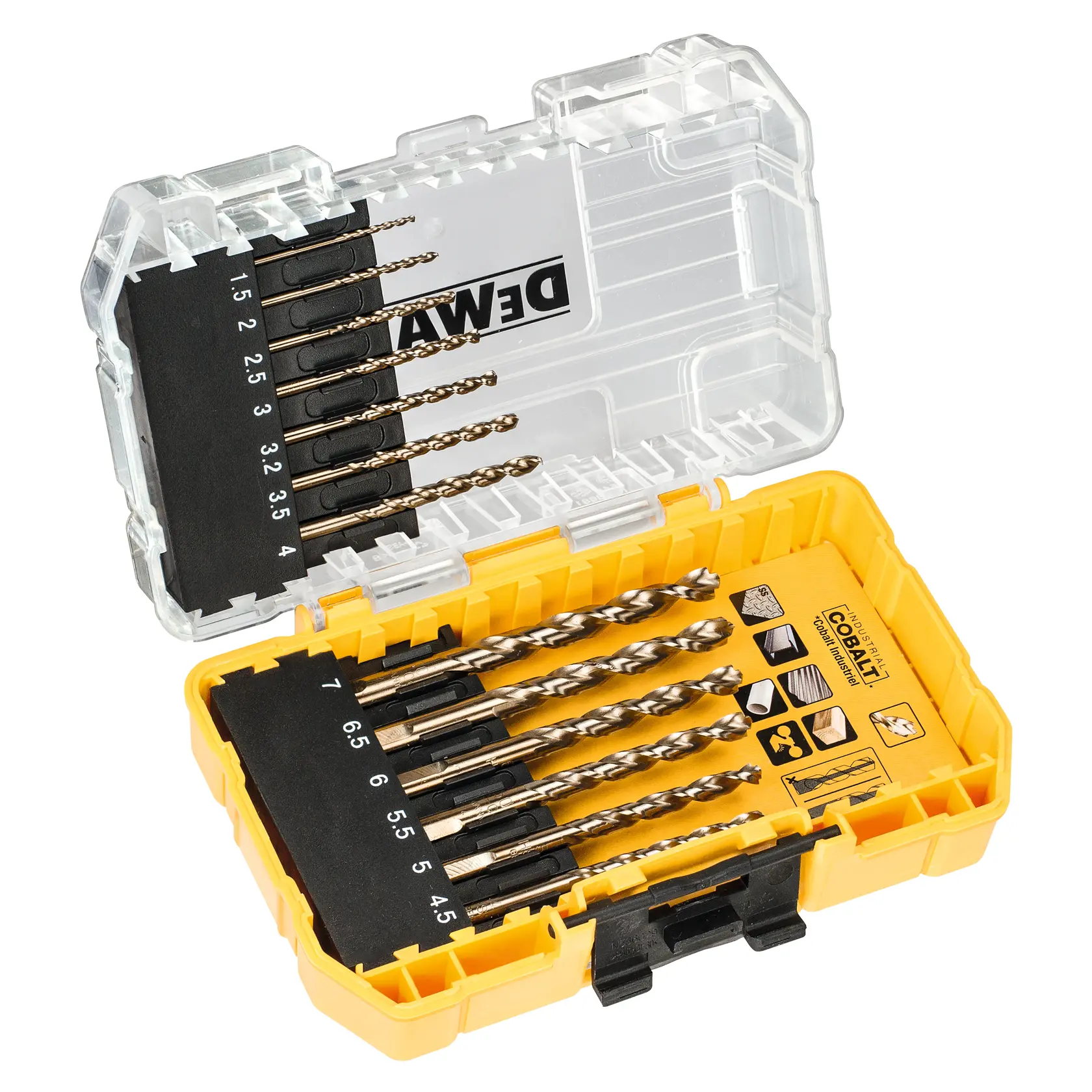 Juego de brocas DEWALT amarillo en estuche transparente, mostrando varios tamaños ordenados.
