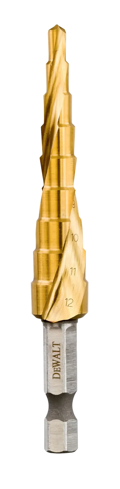 DEWALT DT5026 stepped drill bit with gold coating, designed for drilling multiple hole sizes.