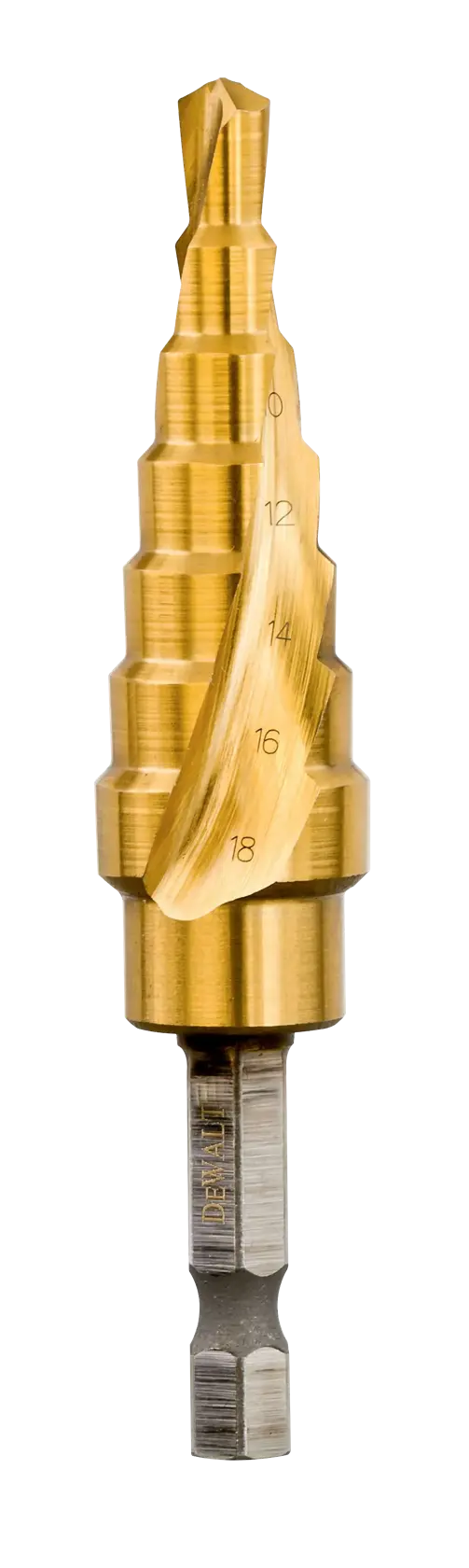 A DEWALT DT5027 step drill bit with a gold-colored finish, featuring multiple stepped sections and engraved size markings, designed for drilling holes of various diameters.