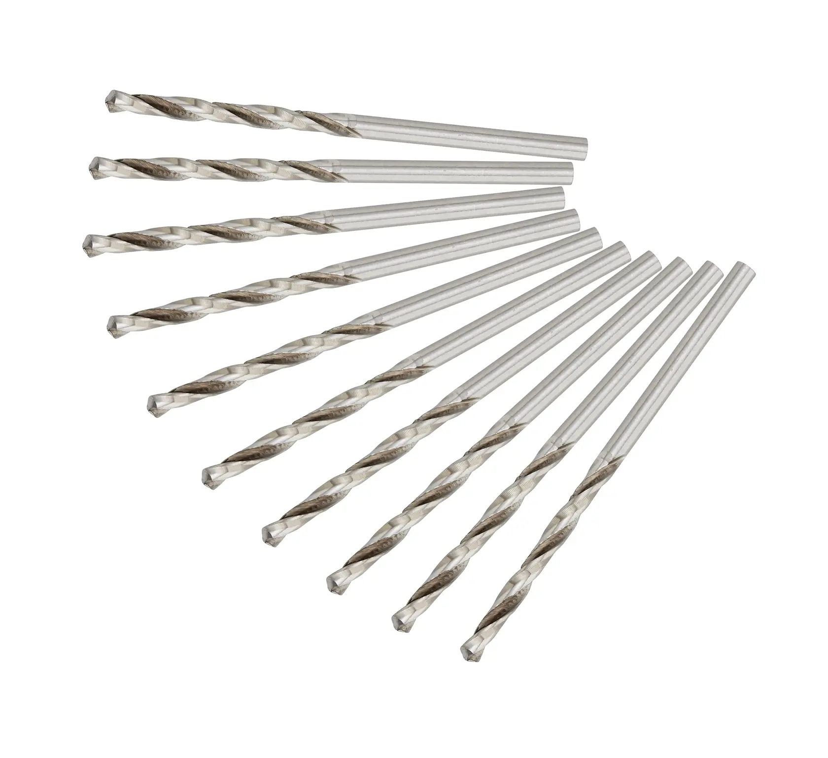 Ten silver DEWALT drill bits arranged in a fanned pattern on a white background.