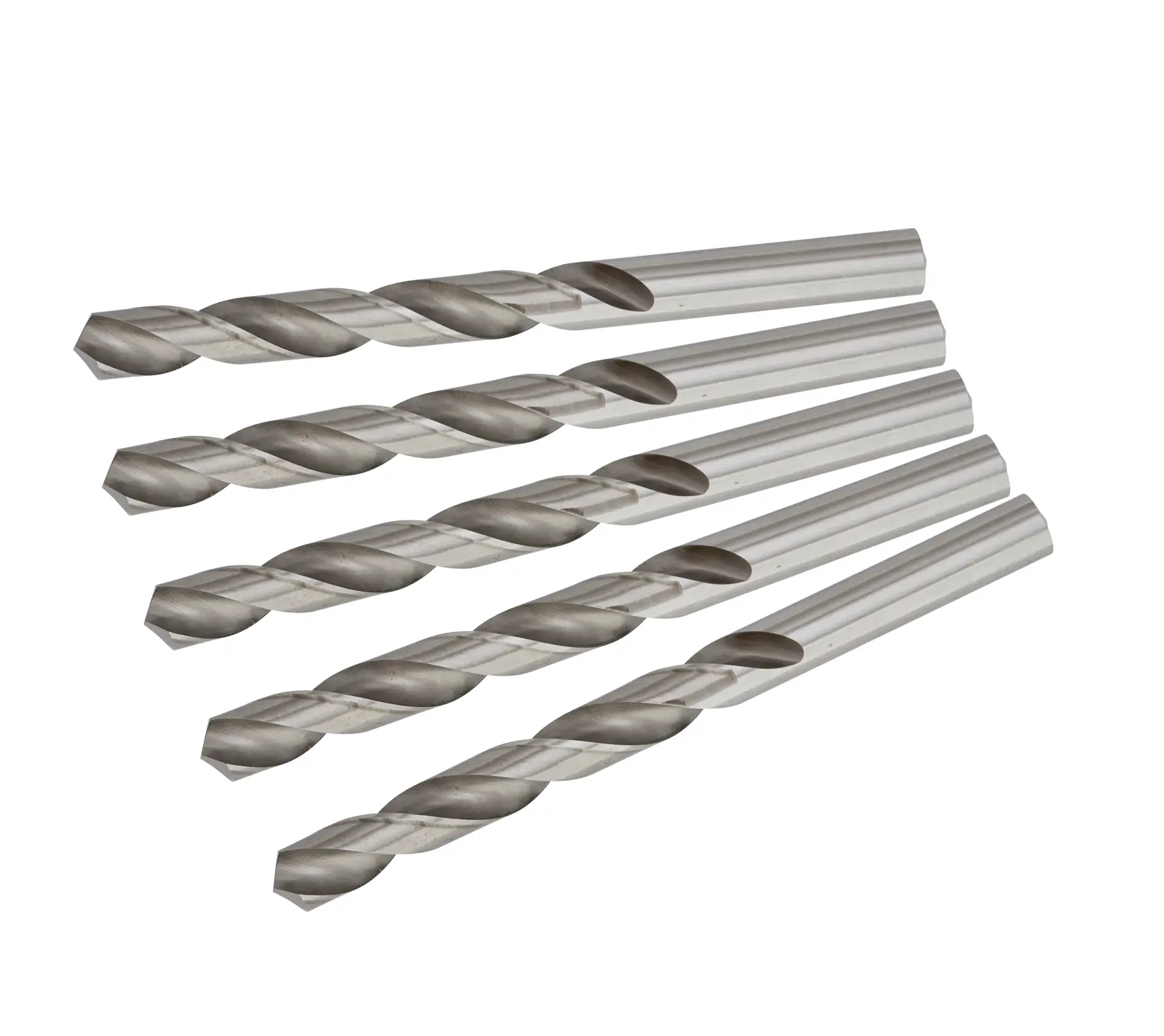 Five silver metal twist drill bits are arranged in a fanned-out pattern on a white background.