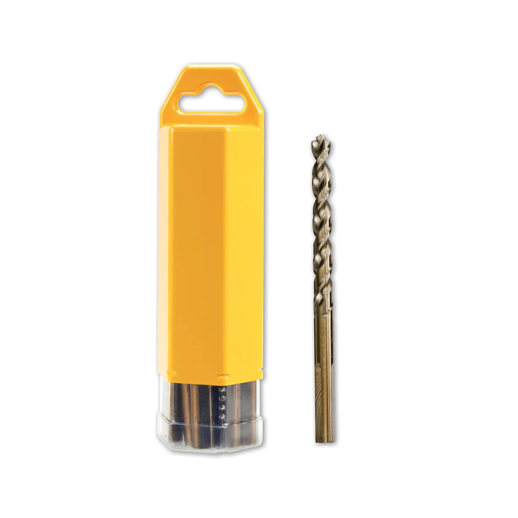 A DEWALT drill bit with a yellow protective case displayed side by side on a white background.