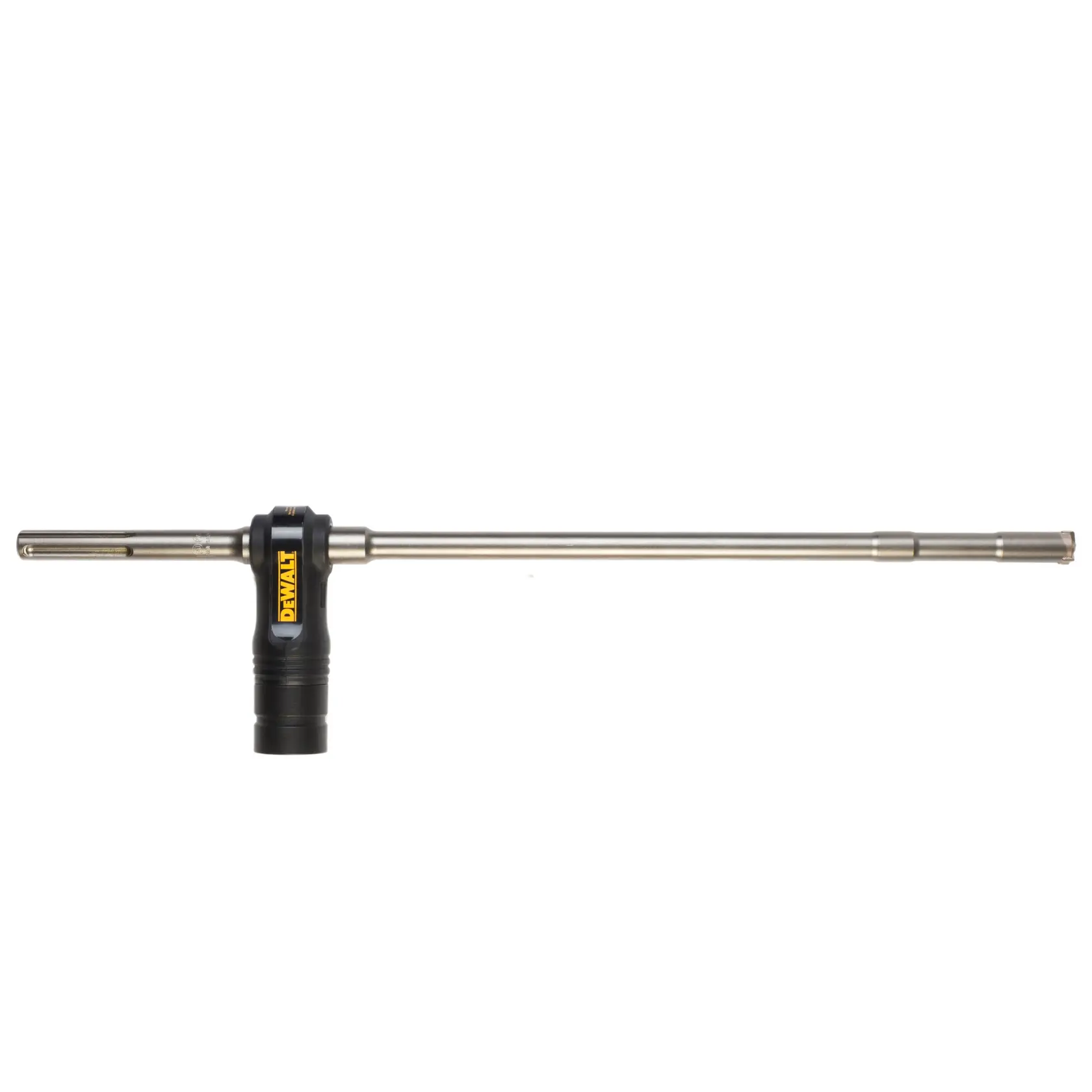 Una broca larga DEWALT con un accesorio, mostrada horizontalmente sobre un fondo blanco.