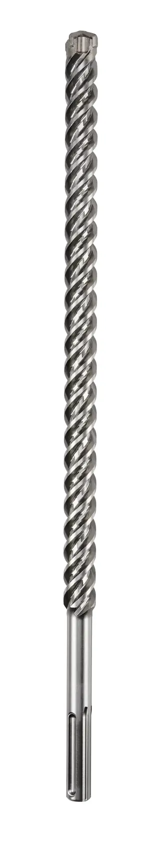 A long, silver DEWALT drill bit with a spiral design, intended for heavy-duty drilling in masonry and concrete.