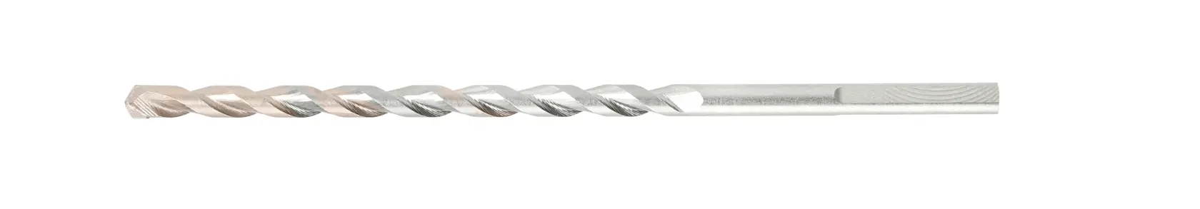 Straight silver metal drill bit with spiral grooves shown on a white background.
