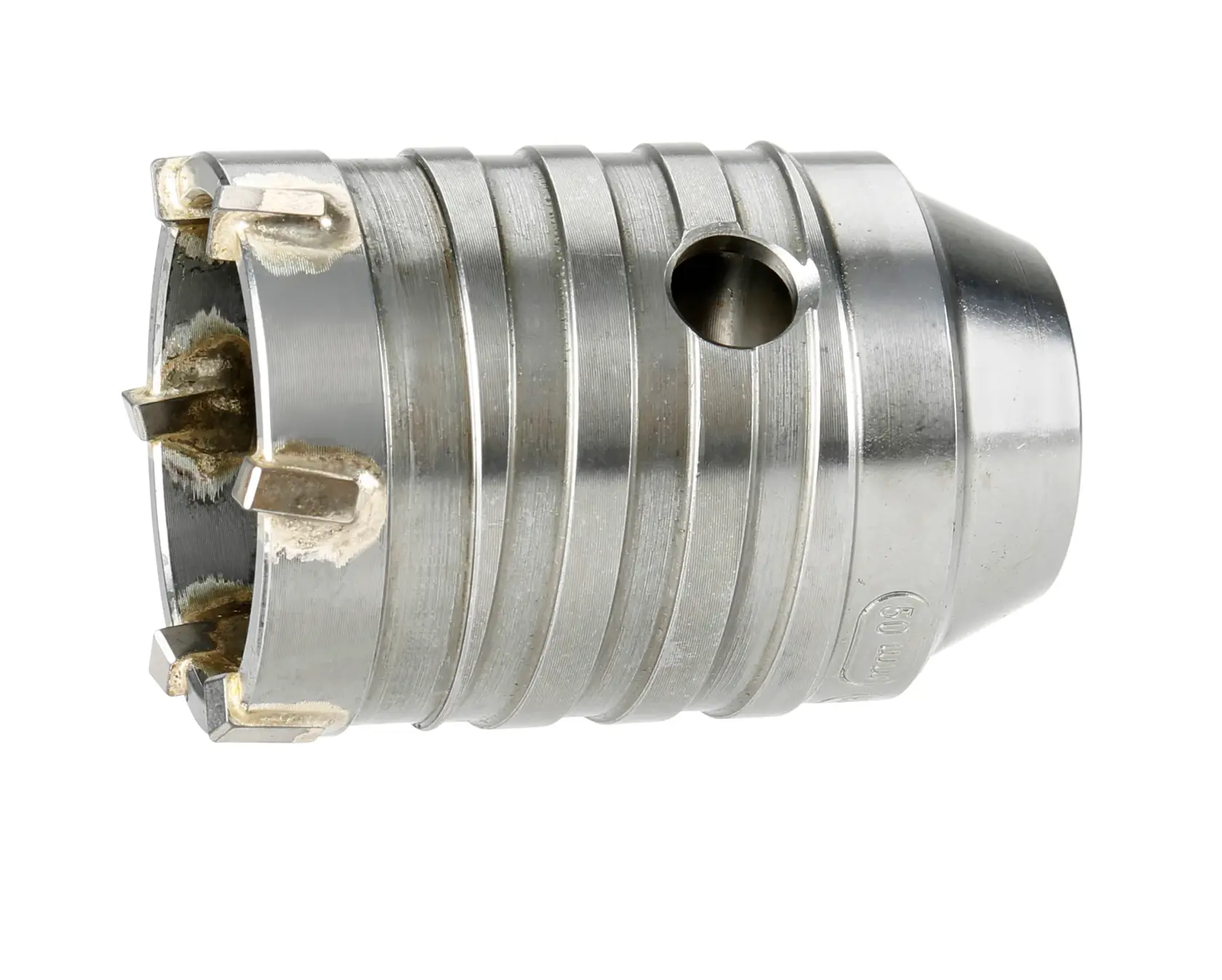 A close-up of a DEWALT DT6745 metal core drill bit with carbide teeth, designed for drilling through concrete and masonry.