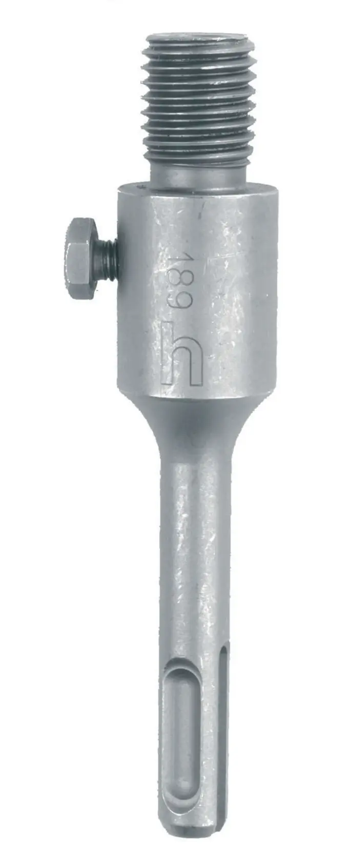 Metal SDS drill adapter with threaded end and side screw, used for connecting hole saws to drills.