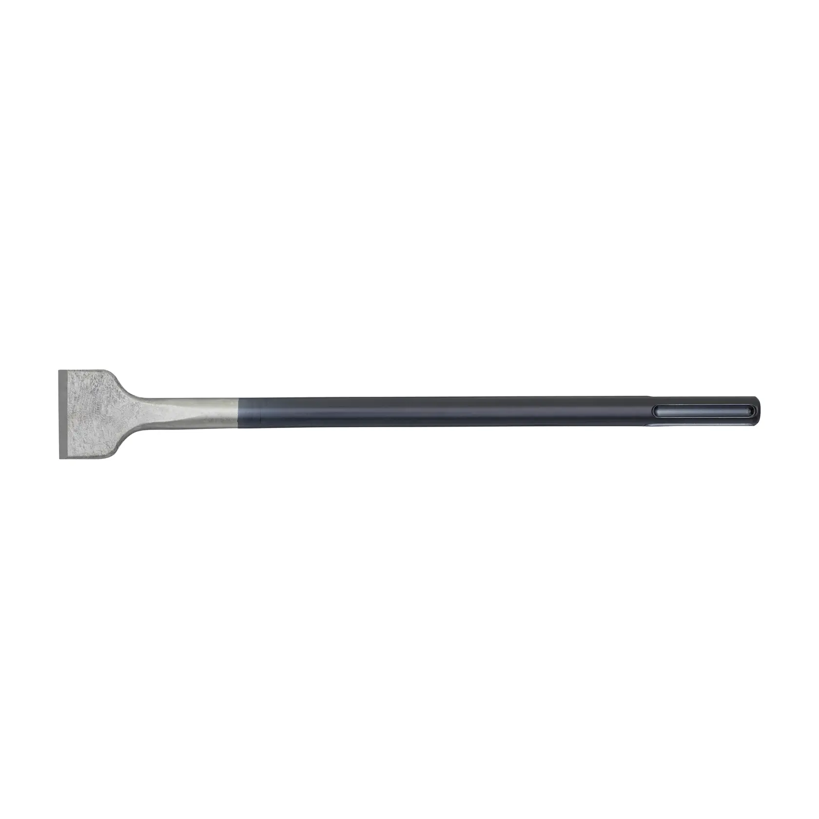 Flat metal chisel with a long handle, suitable for use with power tools or demolition work.