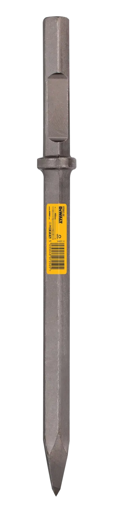 DEWALT DT6927 pointed chisel bit for demolition tools, shown with yellow label on shaft against white background.