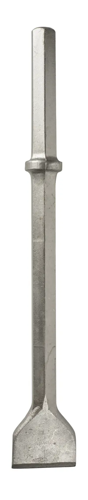 A flat chisel with a hexagonal shank, made of metal, used for breaking or cutting hard materials such as concrete or masonry.