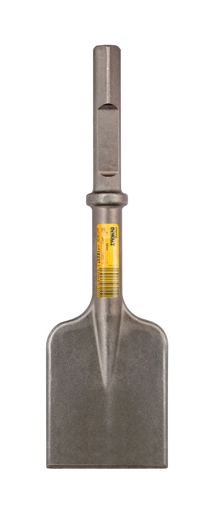 A DEWALT flat spade chisel with a wide blade and SDS-Max shank, used for heavy-duty demolition and removal of materials.