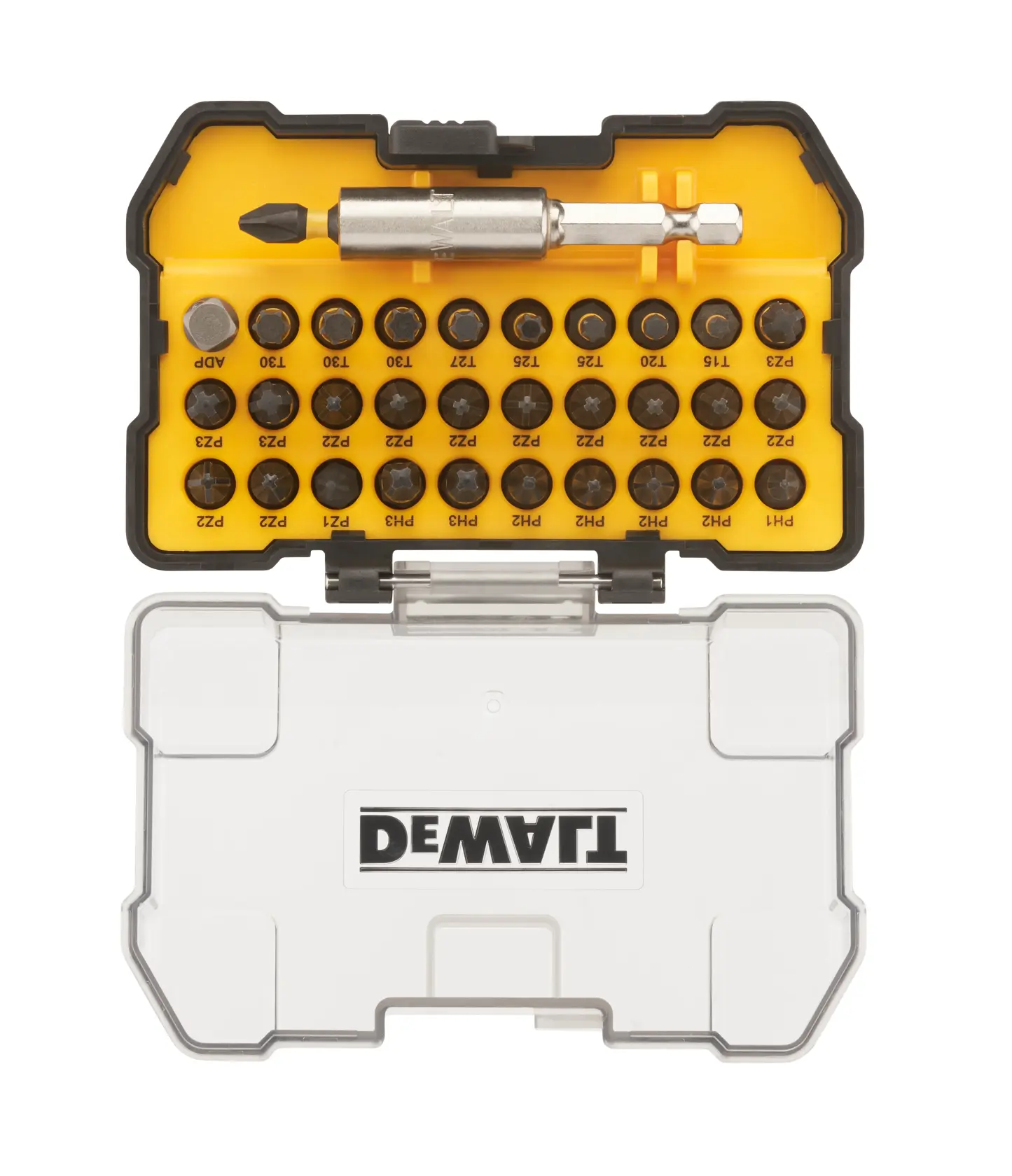 DEWALT drill bit set with yellow tray and clear lid, includes various bits and a holder.