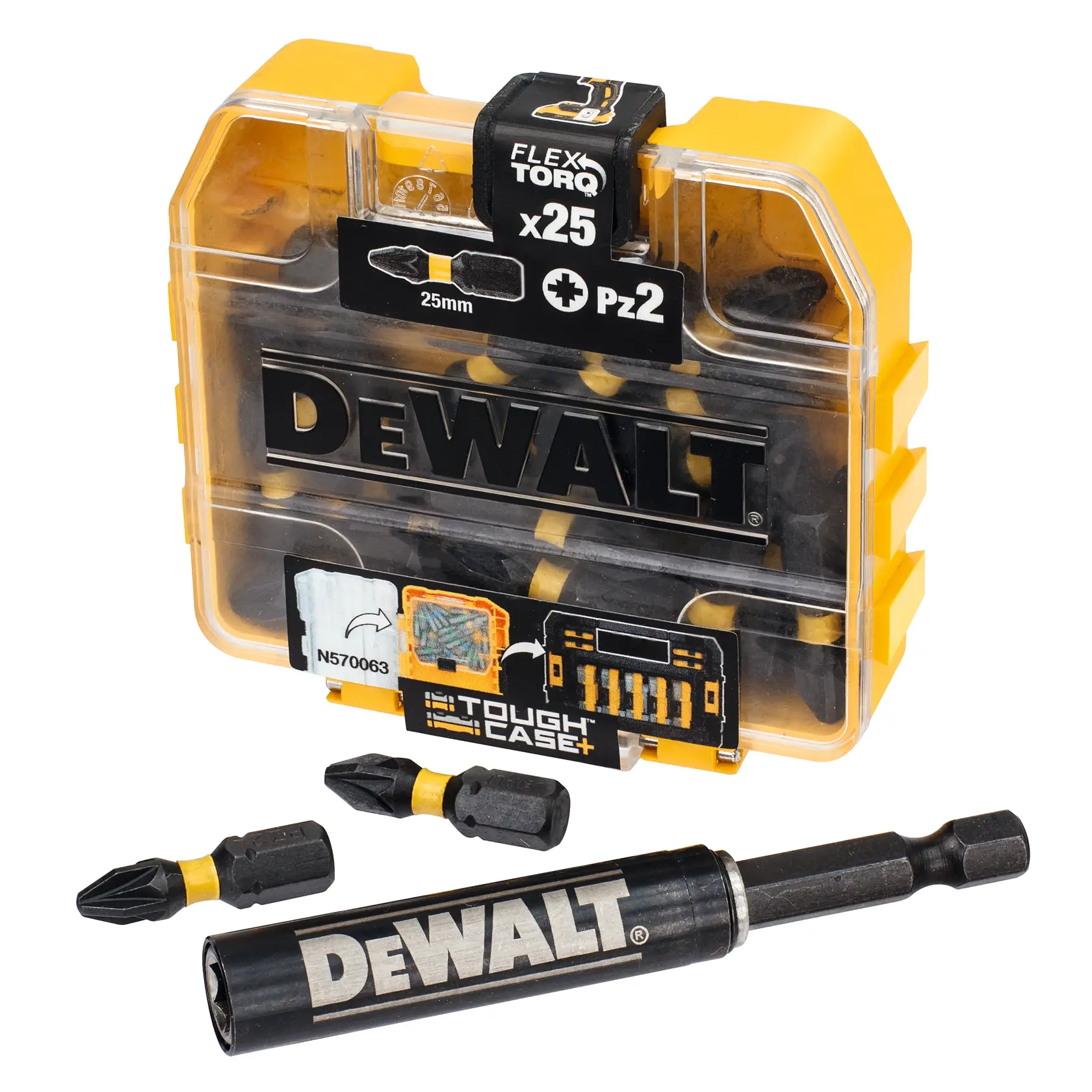 Graphic showing DEWALT XTREME Sub-Compact Series branding with the slogan 'Compact and Performance Packed' on a yellow background.