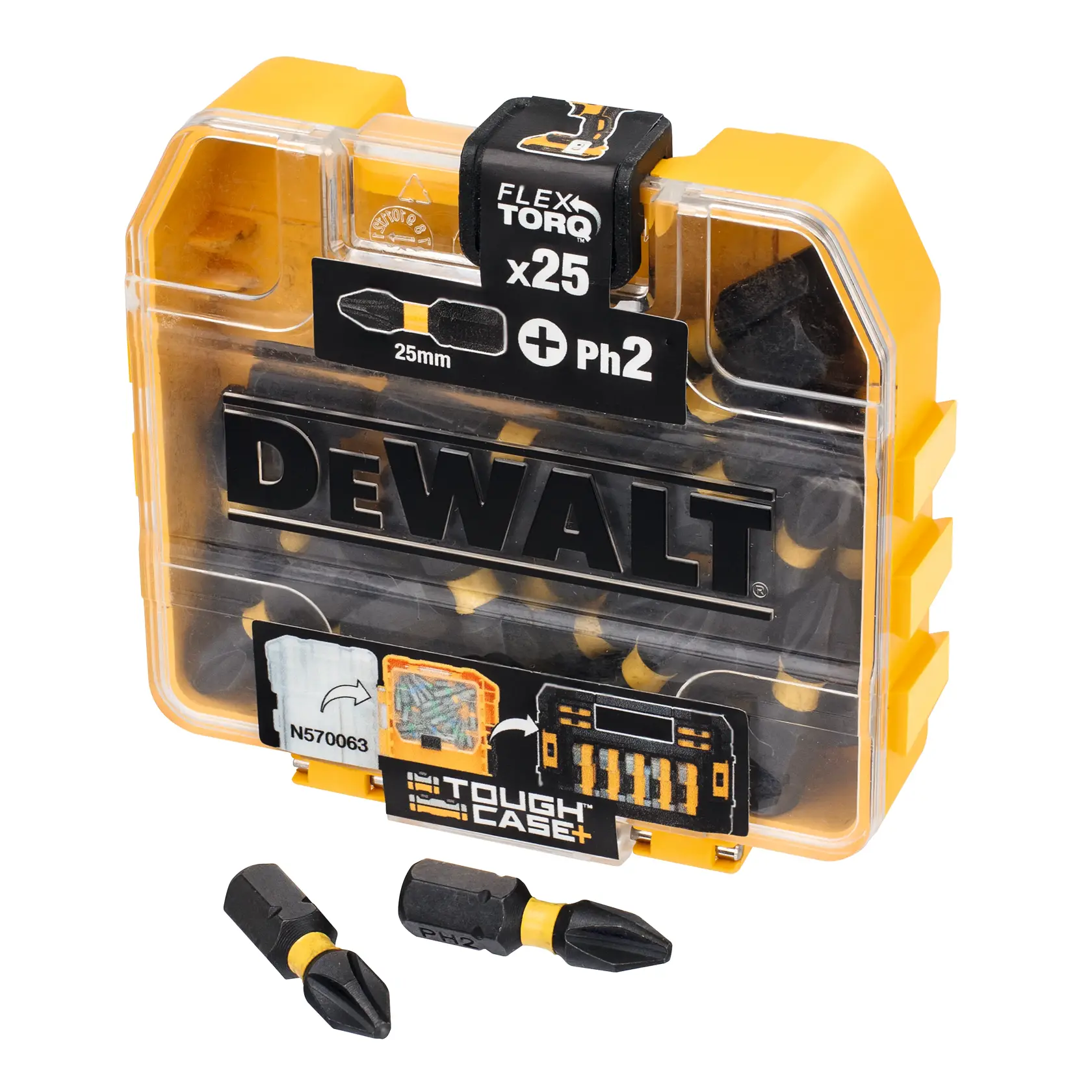 DEWALT FlexTorq ToughCase set with 25 PH2 screwdriver bits, yellow and black storage box.