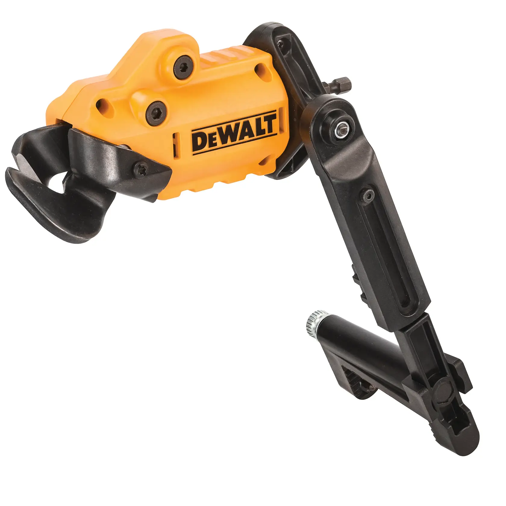 DEWALT DT70620 photography accessory with adjustable arm and clamp, yellow and black.