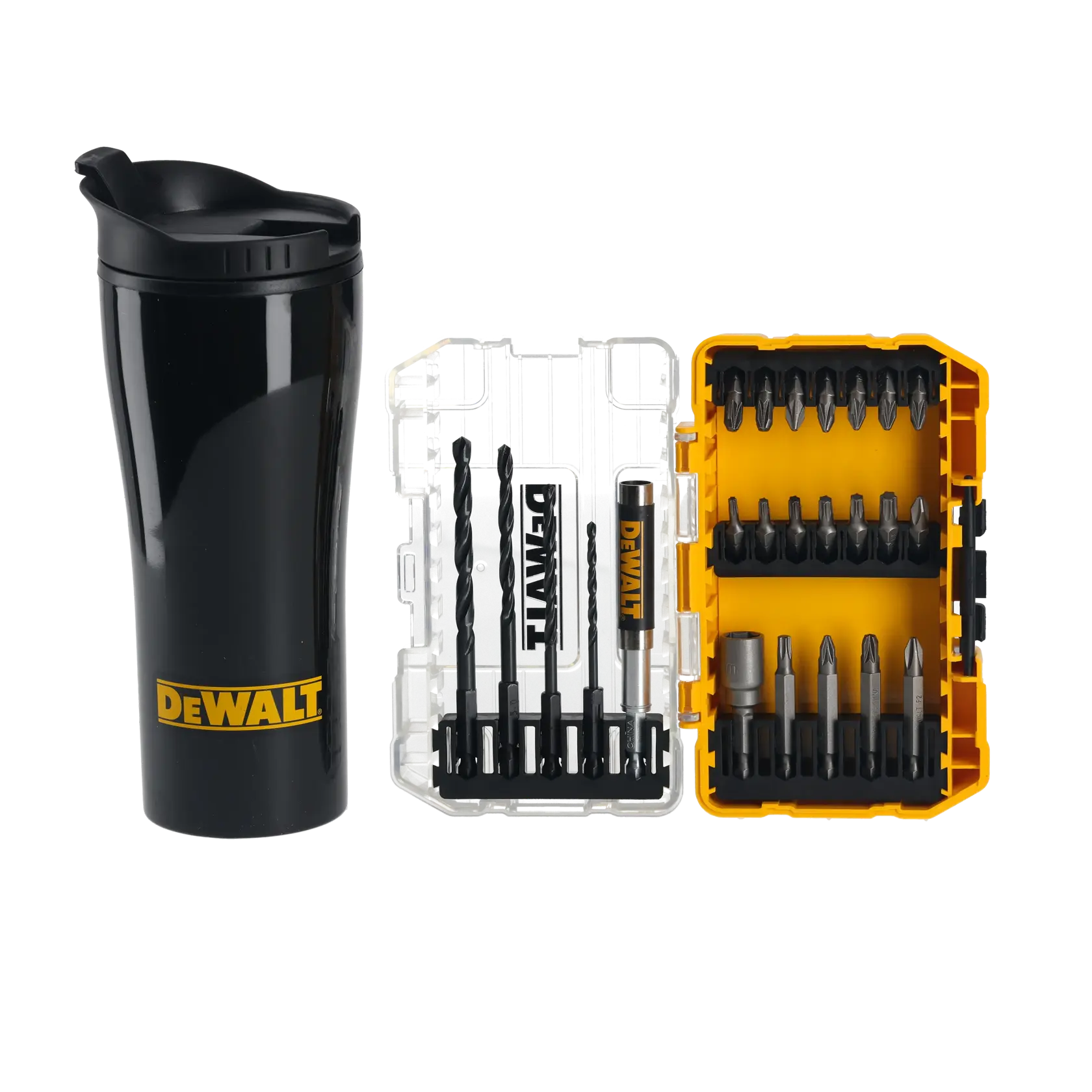 DEWALT black travel mug and bit set with drill bits, screwdriver bits in a yellow case.