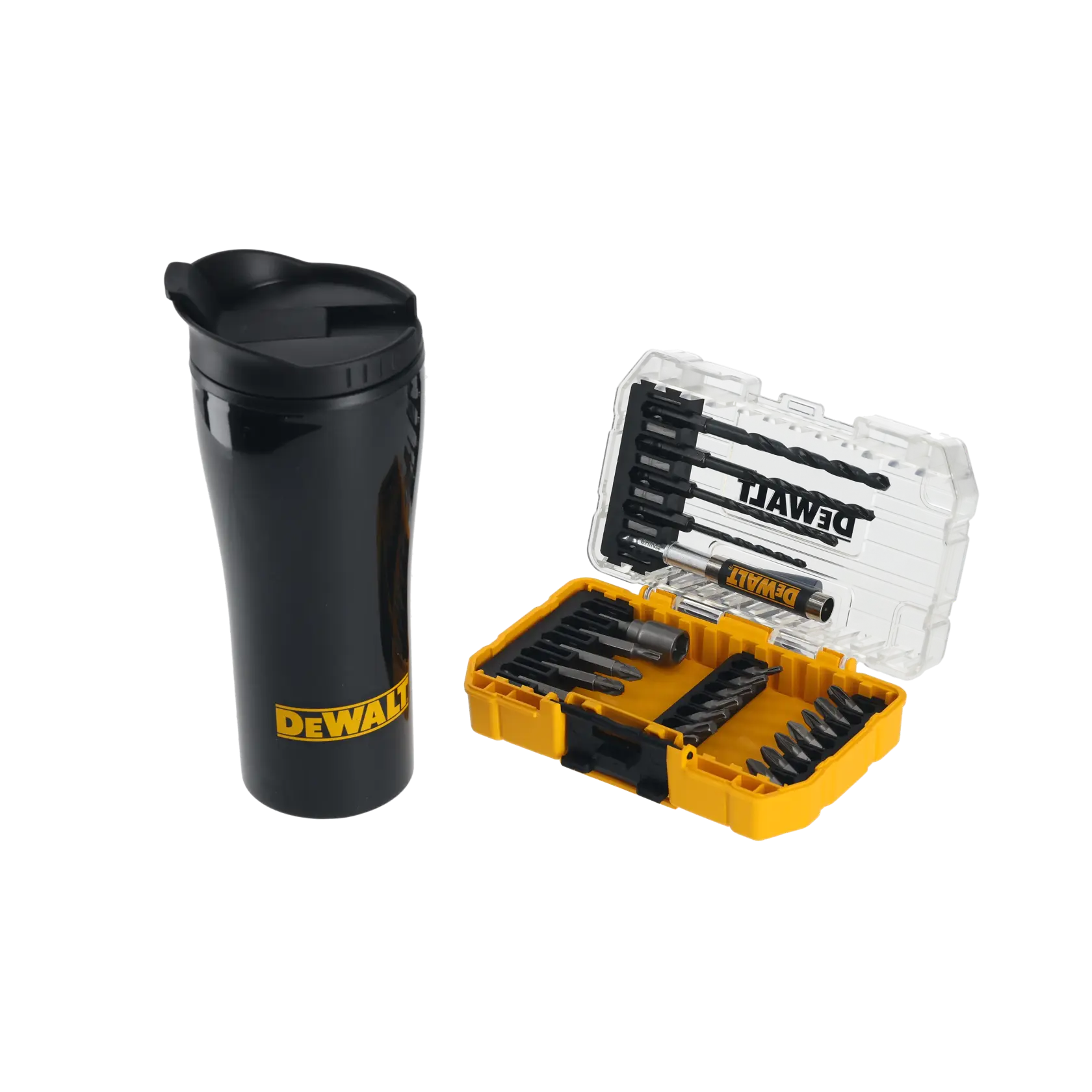 DEWALT black travel mug and yellow drill bit set with case displayed side by side.