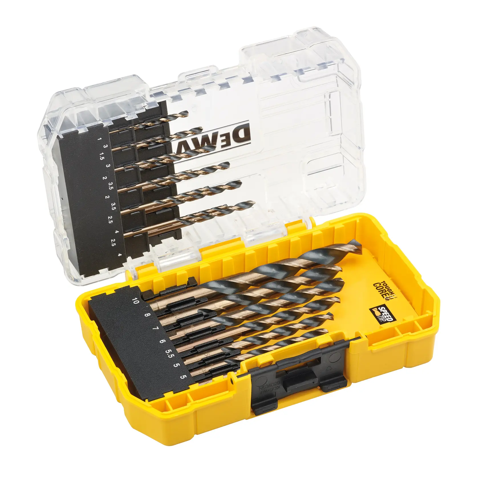Yellow DEWALT drill bit set in an open plastic case showing various sizes and organized compartments.