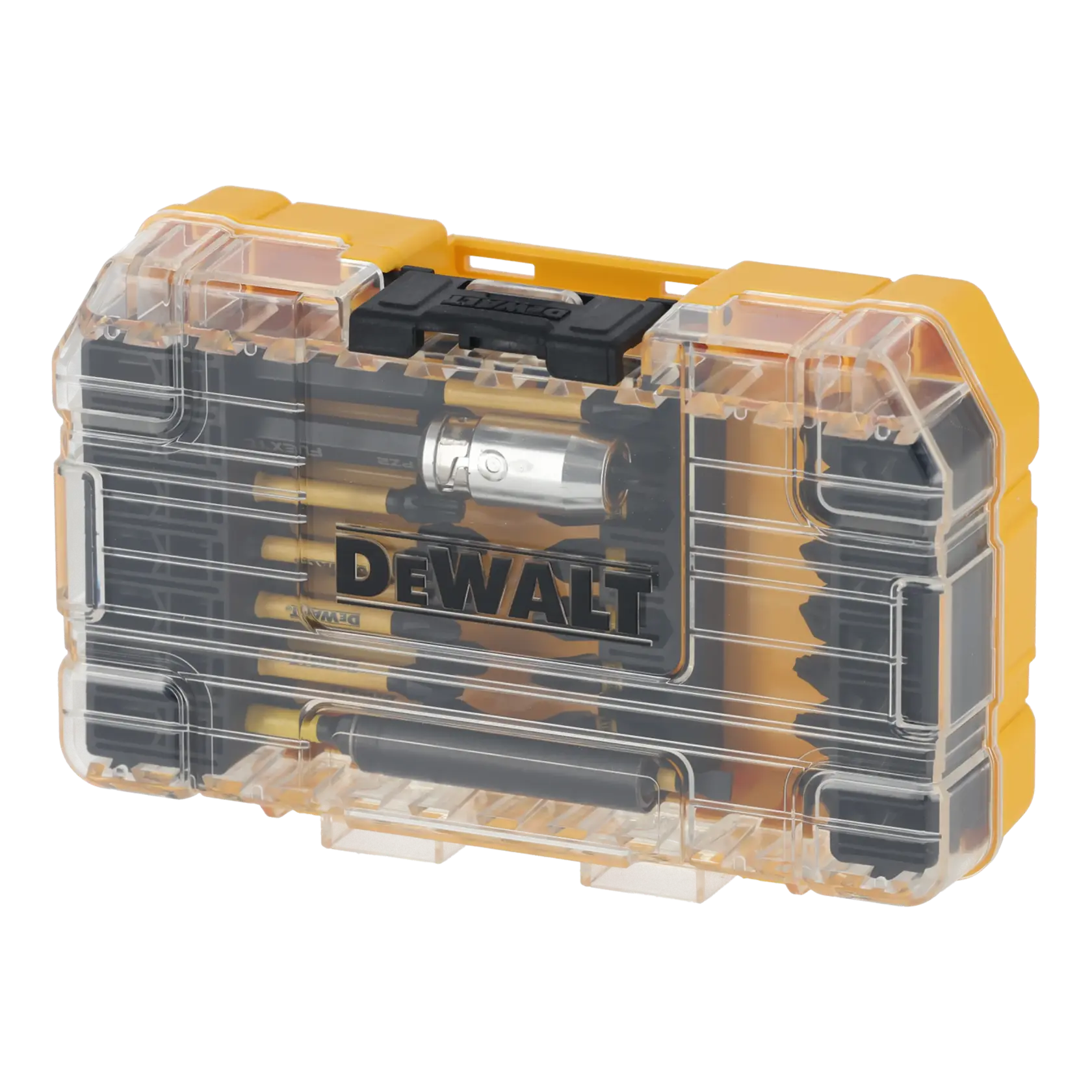 DEWALT bit set in transparent yellow plastic case with black latch, showing various screwdriver bits inside.