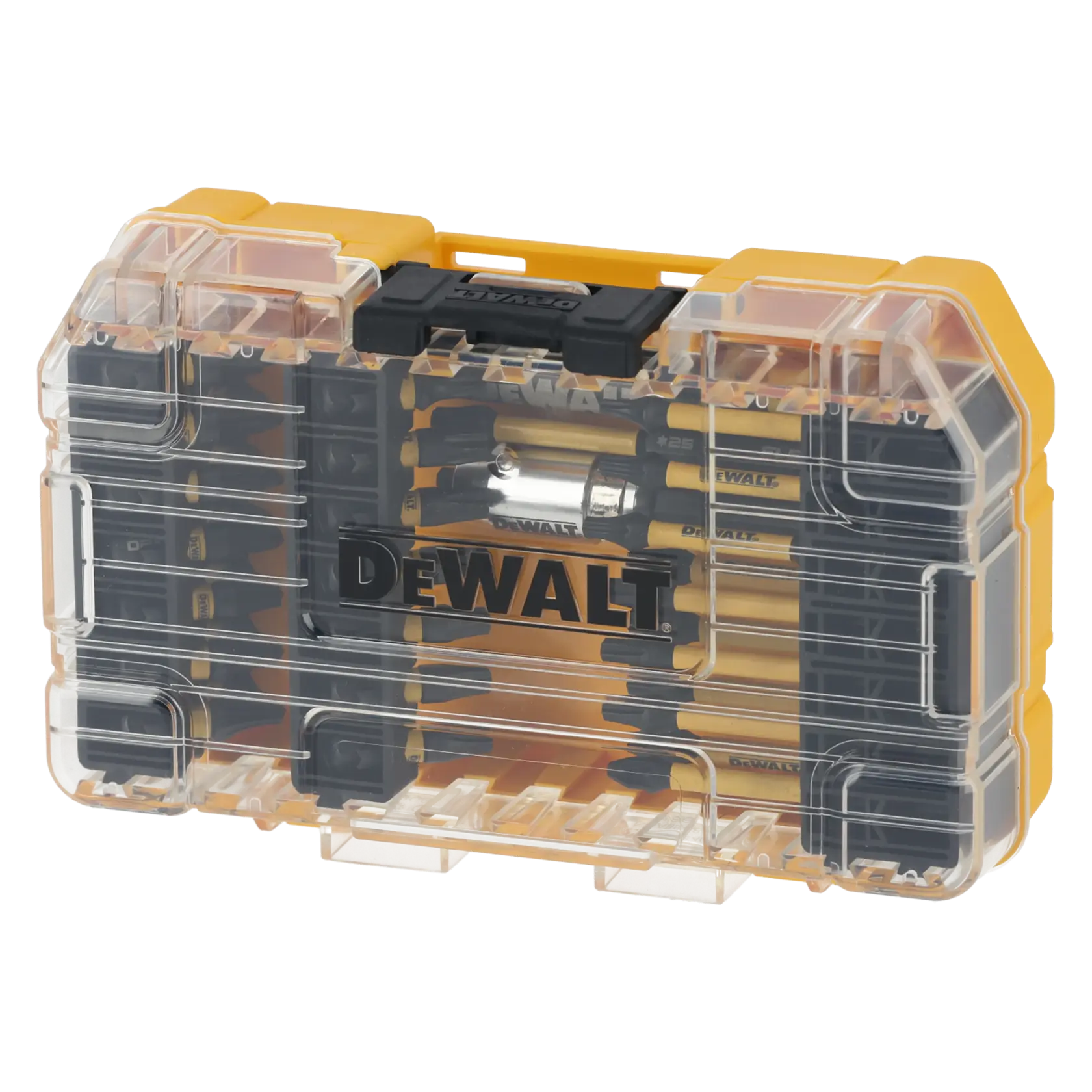 DEWALT yellow and black bit set in a clear plastic case with logo, contains various screwdriver bits.
