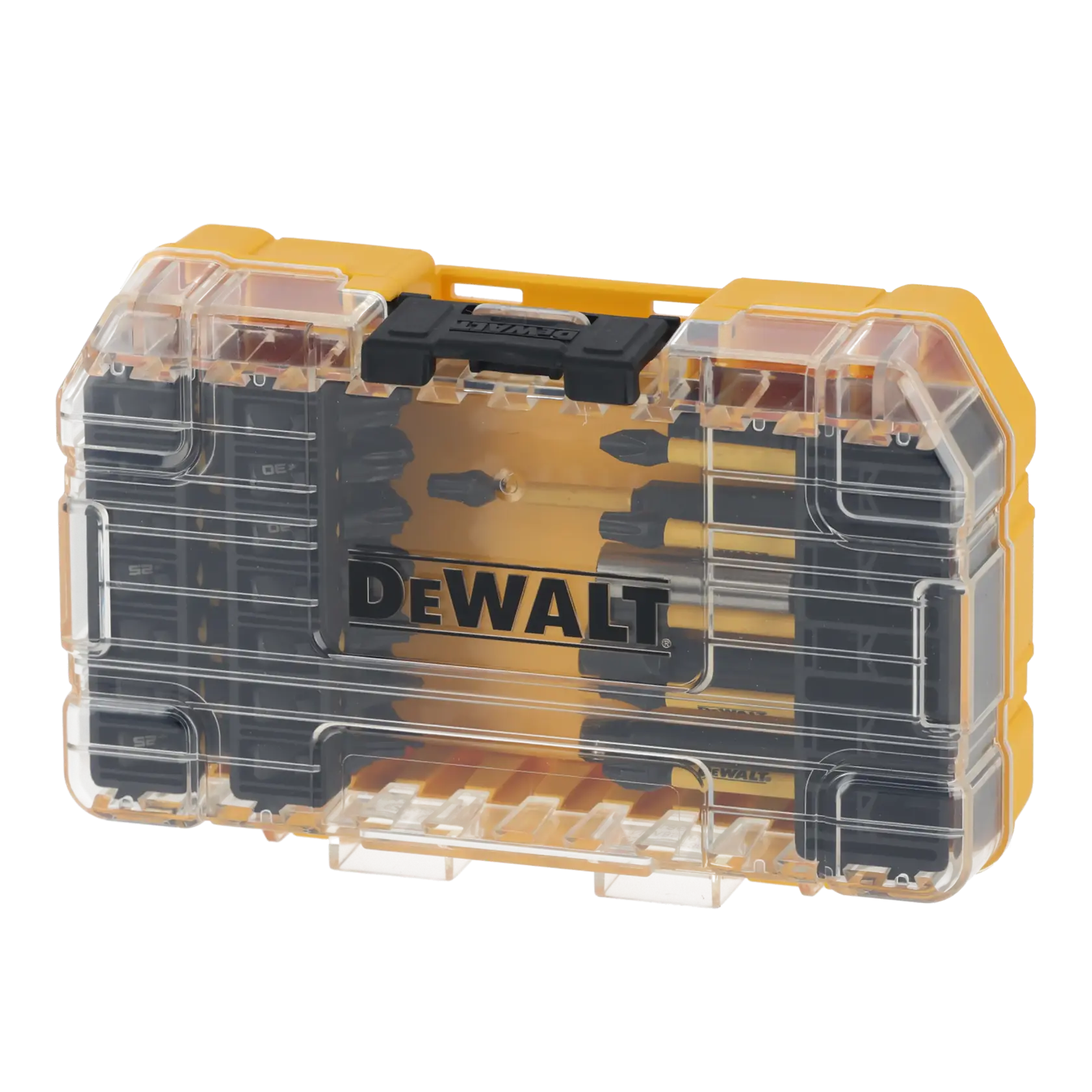 DEWALT bit set in a transparent yellow plastic case with secure compartments for various screwdriver bits.