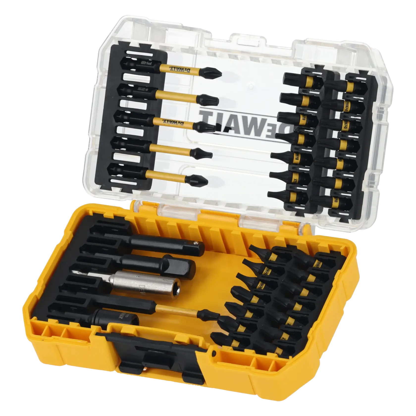 DEWALT DT70733T bit set in yellow case with various screwdriver bits and accessories.