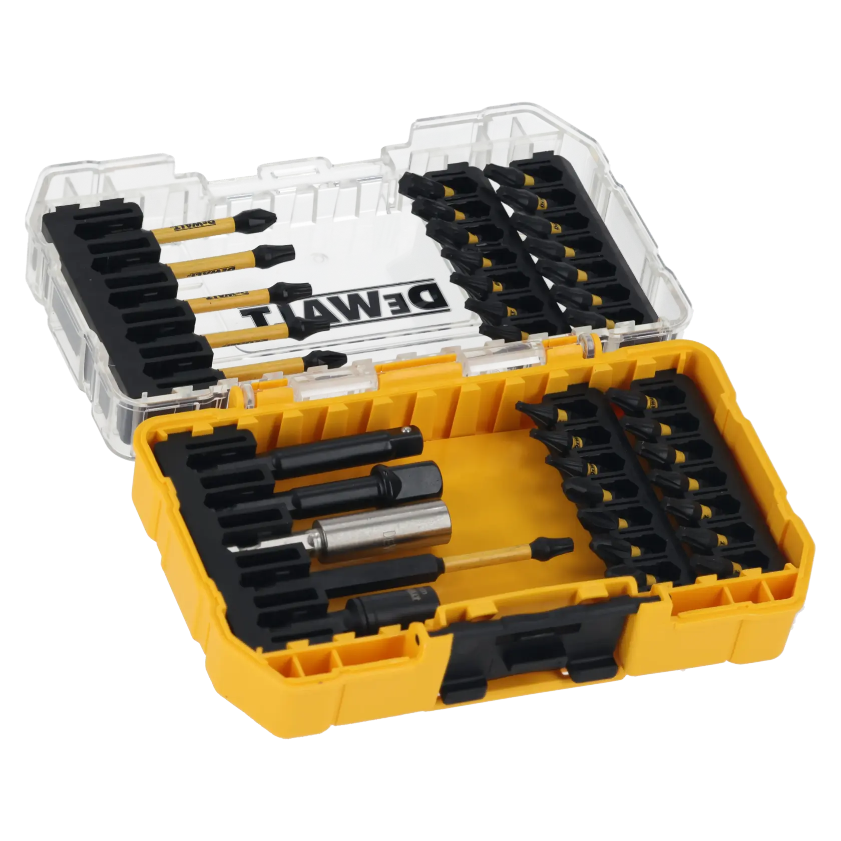 DEWALT yellow tool case with assorted drill and screwdriver bits organized in compartments.