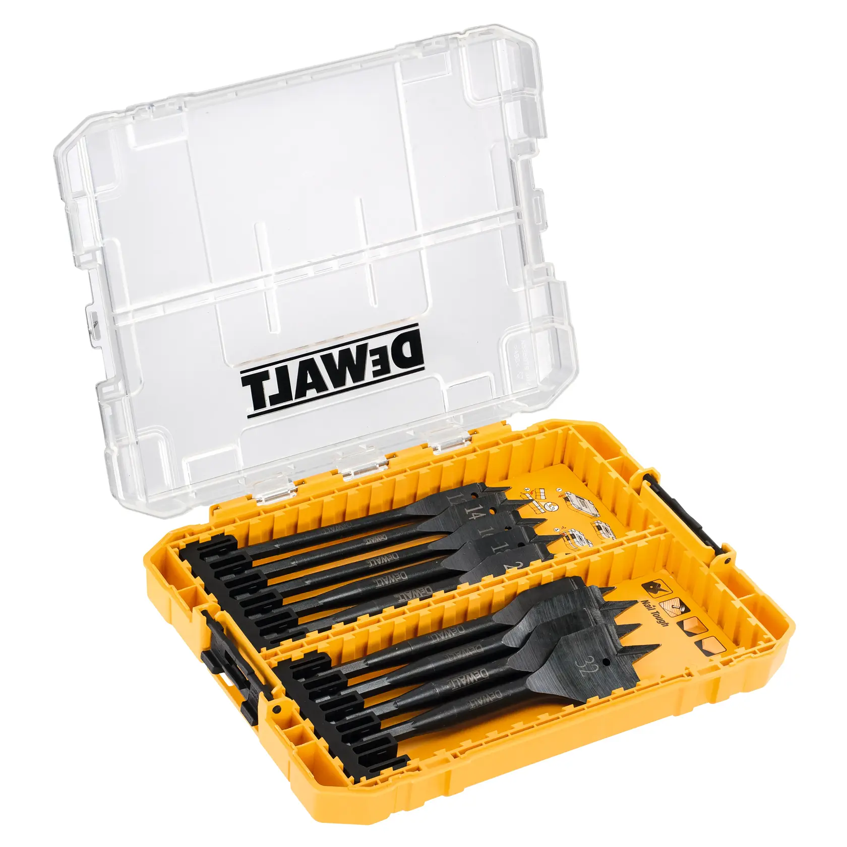 DEWALT DT70751 set of wood drill bits in a yellow plastic case with clear lid.