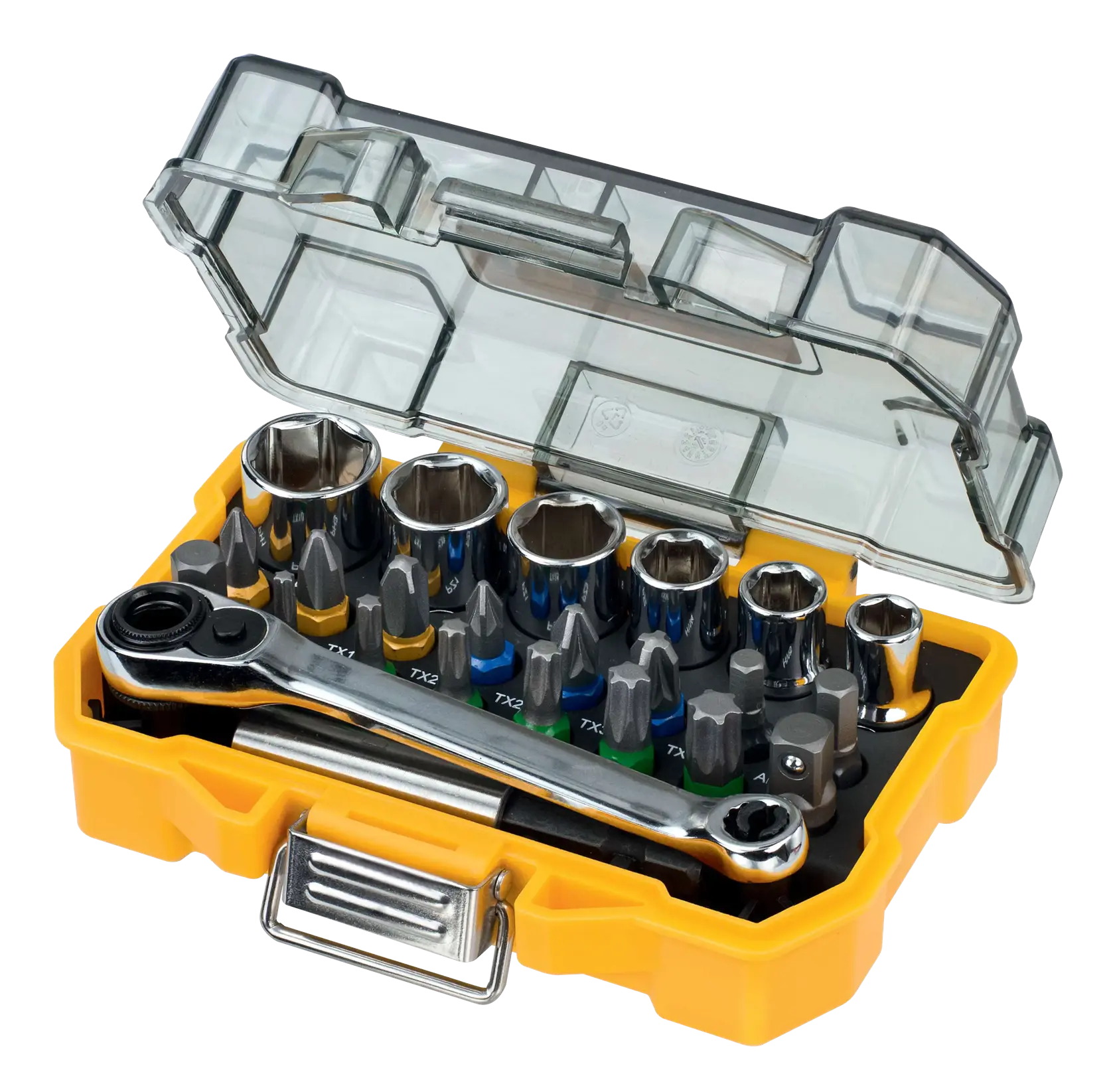 DEWALT socket and bit set in yellow case with clear lid, includes ratchet and various bits for tool use.