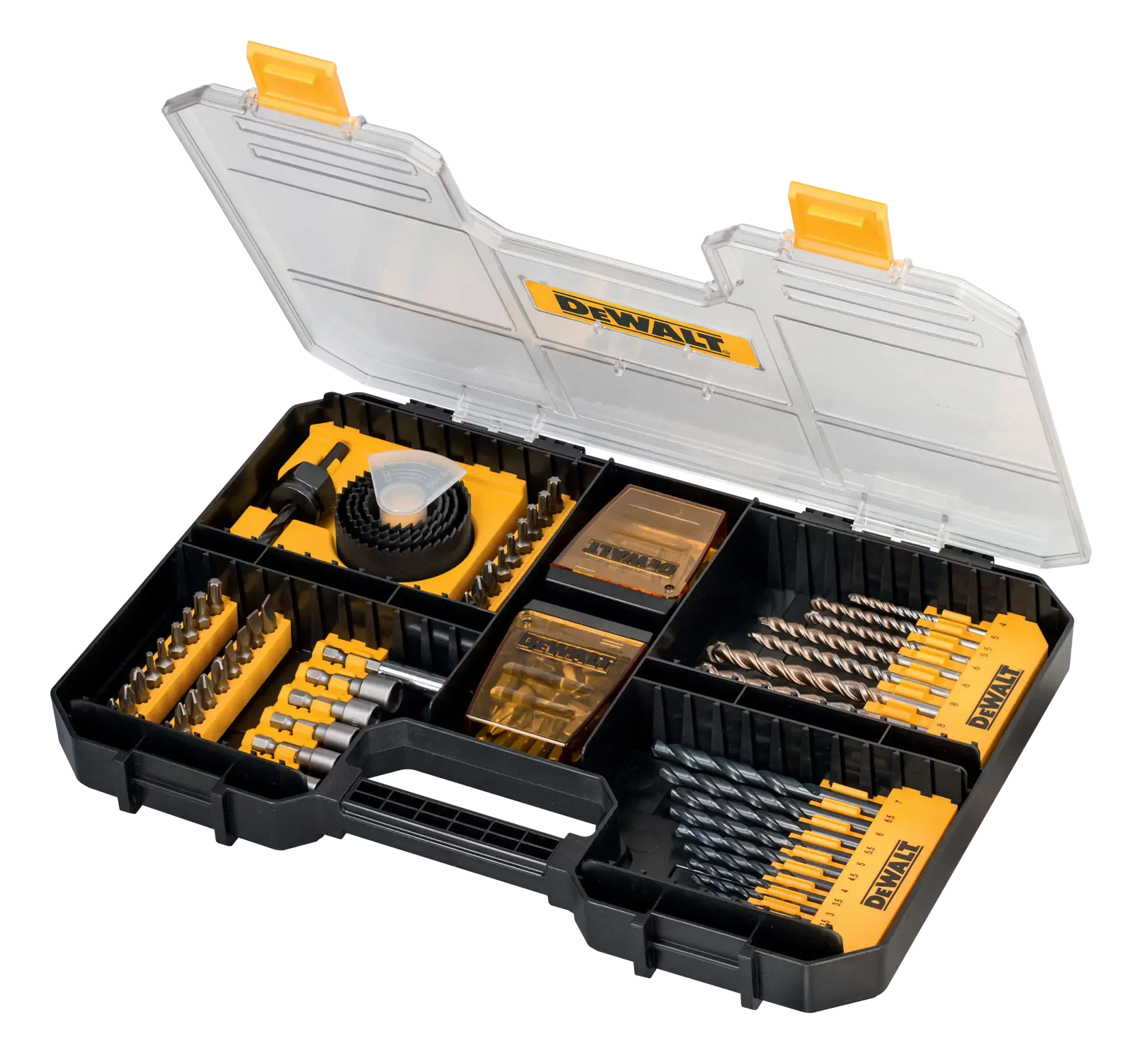 A DEWALT branded drill and screwdriver bit set in a black and yellow plastic case with a transparent lid. The case is open and displays various drill bits, screwdriver bits, socket attachments, and hole saws organized in compartments.