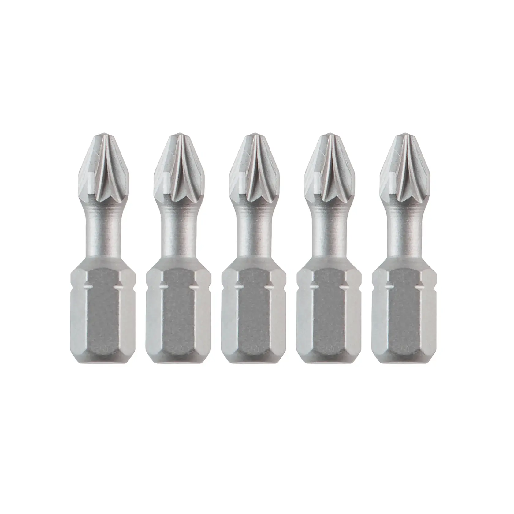 Five DEWALT screwdriver bits in a row, silver color, shown upright against a white background.