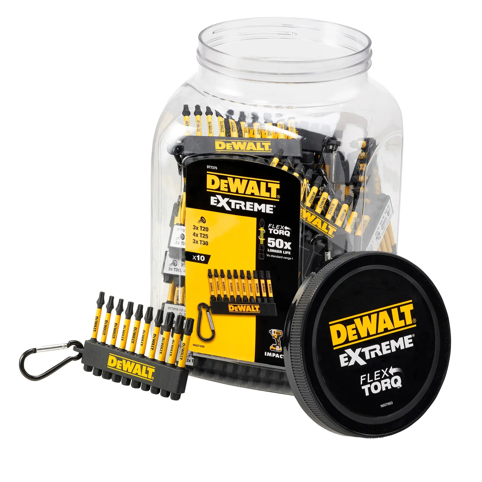 DEWALT DT7275 Extreme FlexTorq screwdriver bit set in a plastic container with black lid and holder.