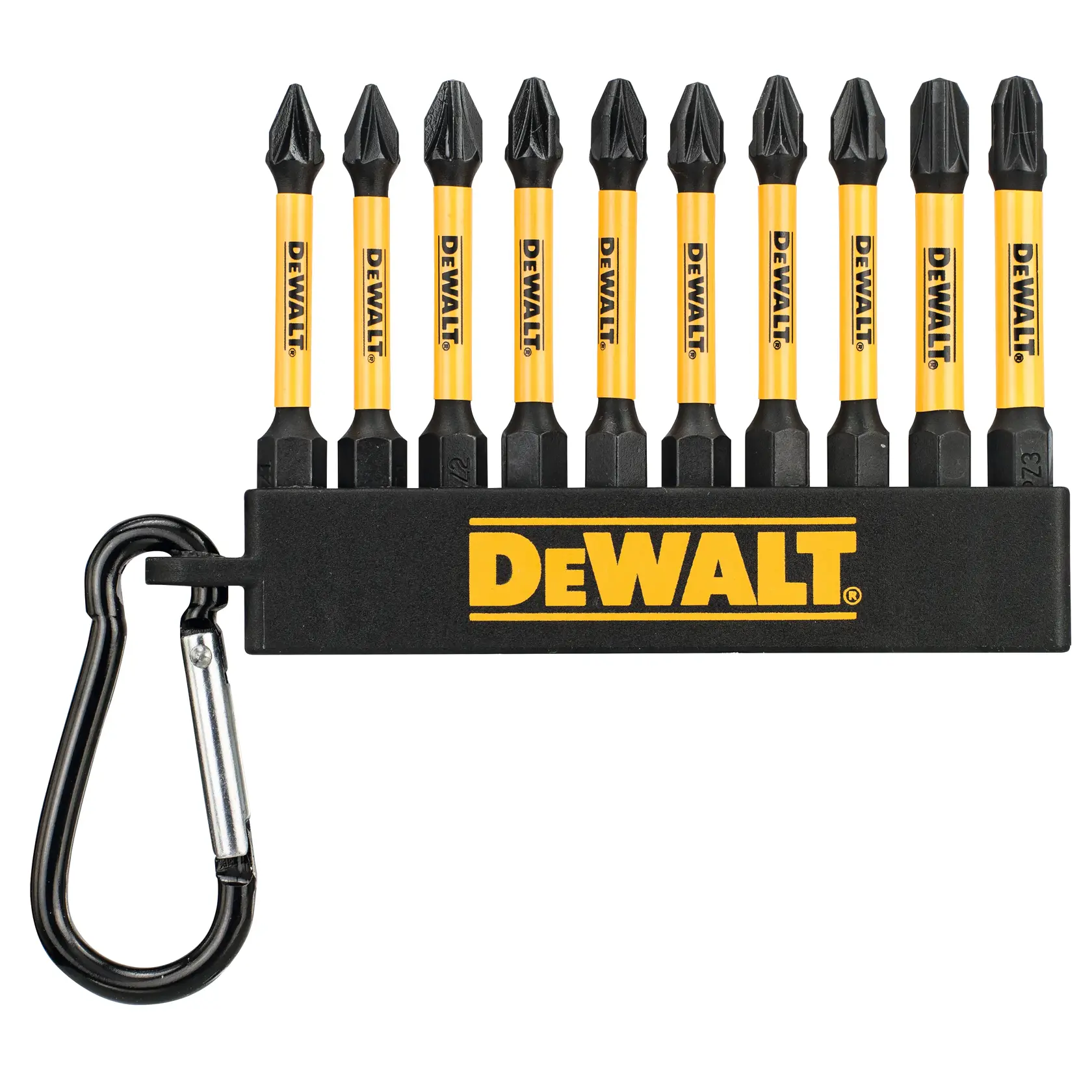 DEWALT set of ten screwdriver bits with yellow handles in a black holder and carabiner clip.