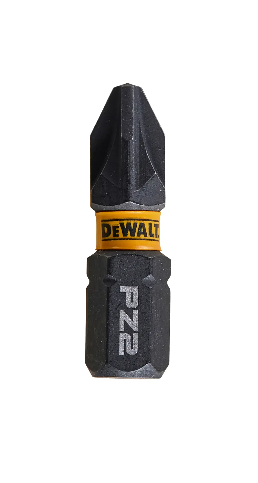 Punta DEWALT PZ2 negra con banda amarilla y logo, adecuada para herramientas eléctricas.