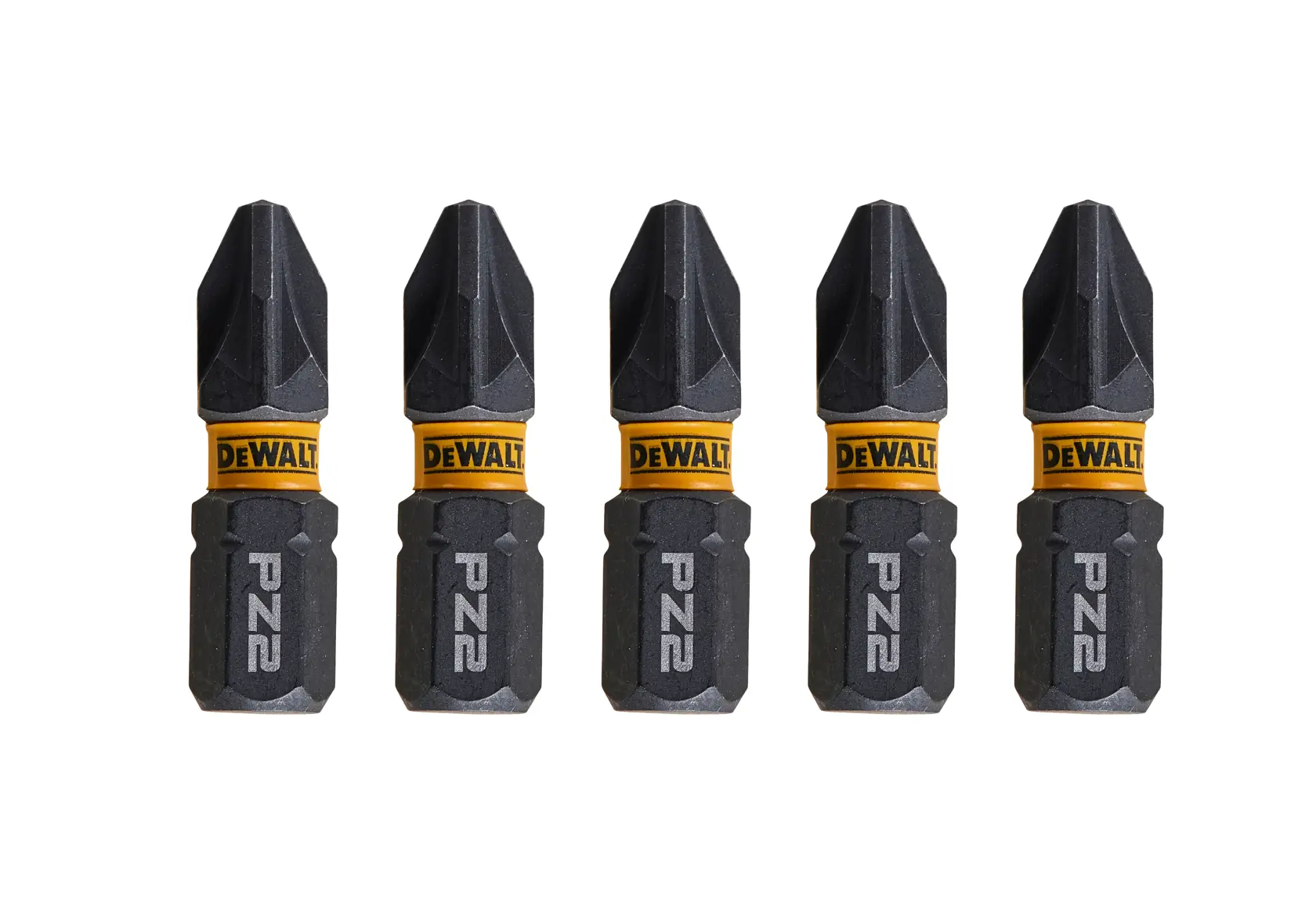 Cinco puntas de destornillador DEWALT PZ2 están alineadas sobre fondo blanco.