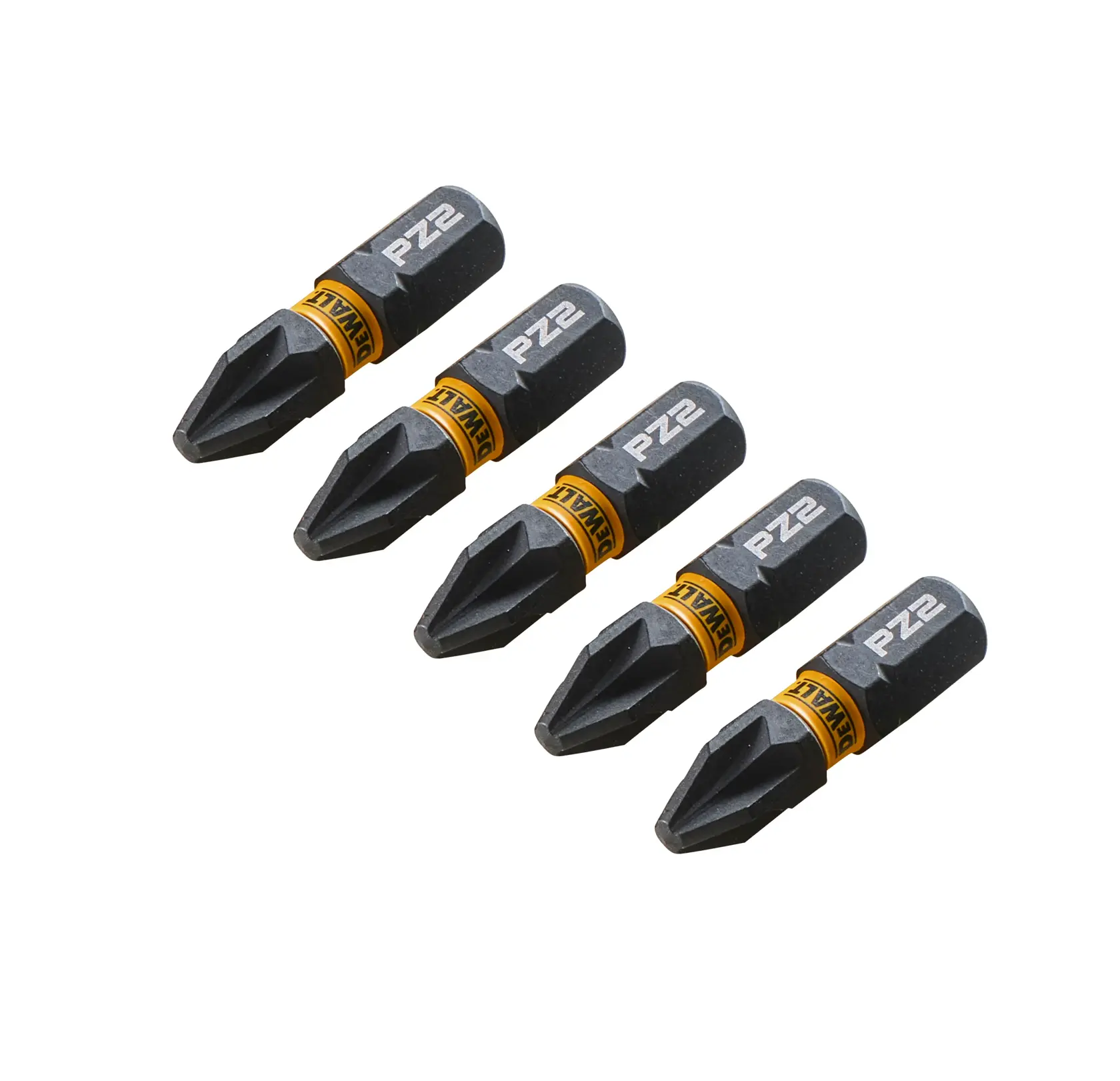 Cinco puntas de destornillador DEWALT PZ2 negras y amarillas en fila sobre fondo blanco.