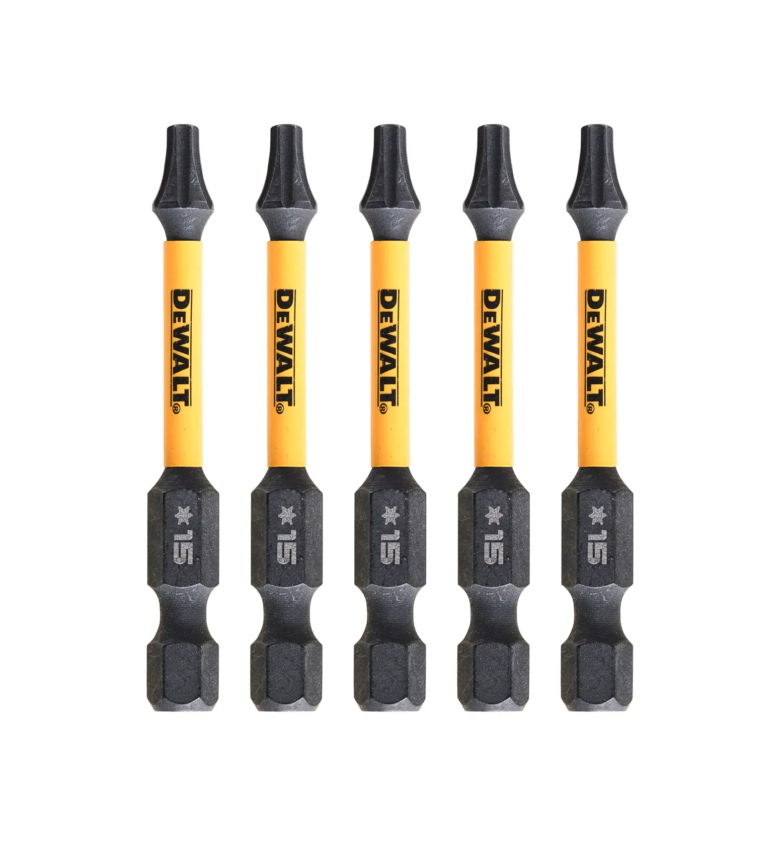 Cinco puntas amarillas DEWALT T15 para destornillador alineadas sobre fondo blanco.