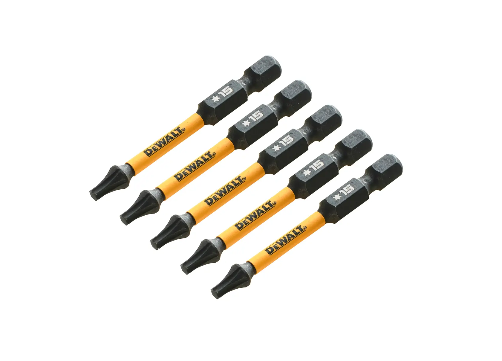 Cinco puntas para destornillador DEWALT con vástago amarillo, dispuestas en diagonal sobre fondo blanco.