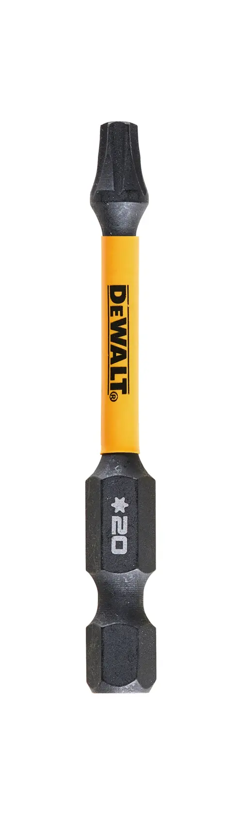 DEWALT DT7395T screwdriver bit with yellow shaft and black tips, marked with #20.