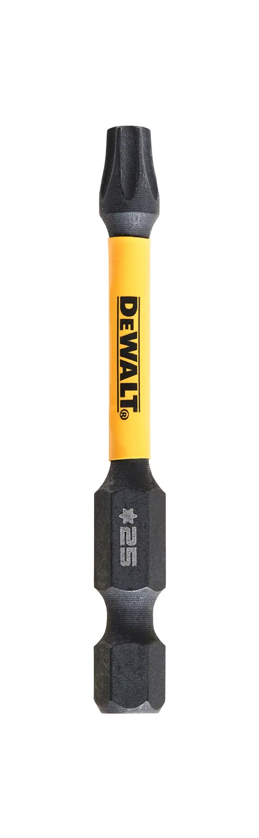DEWALT DT7396T screwdriver bit with yellow shaft and #25 marking, shown on a white background.
