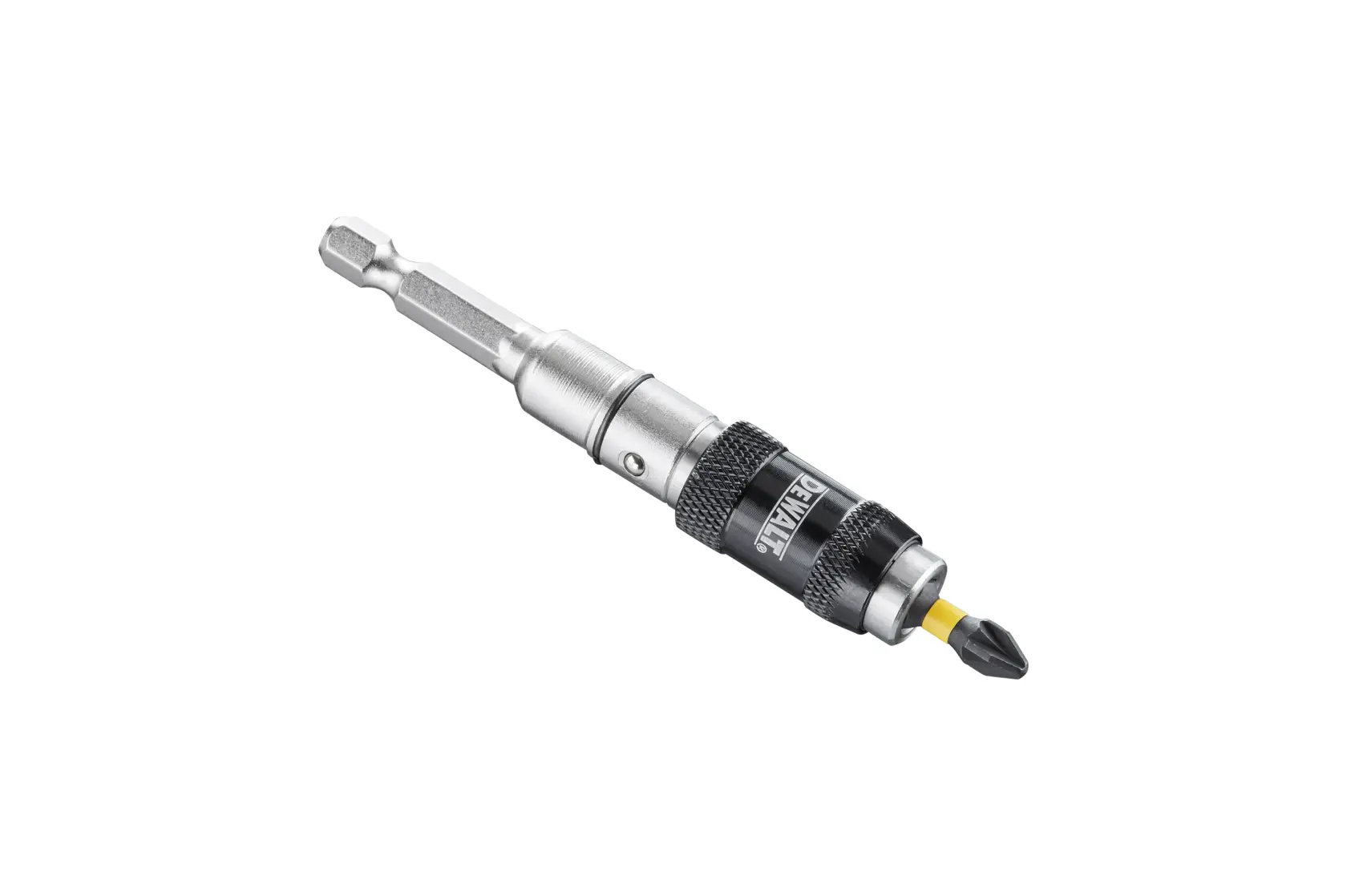 DEWALT DT7505 magnetic bit holder with a black and yellow screwdriver bit, shown isolated on a white background.